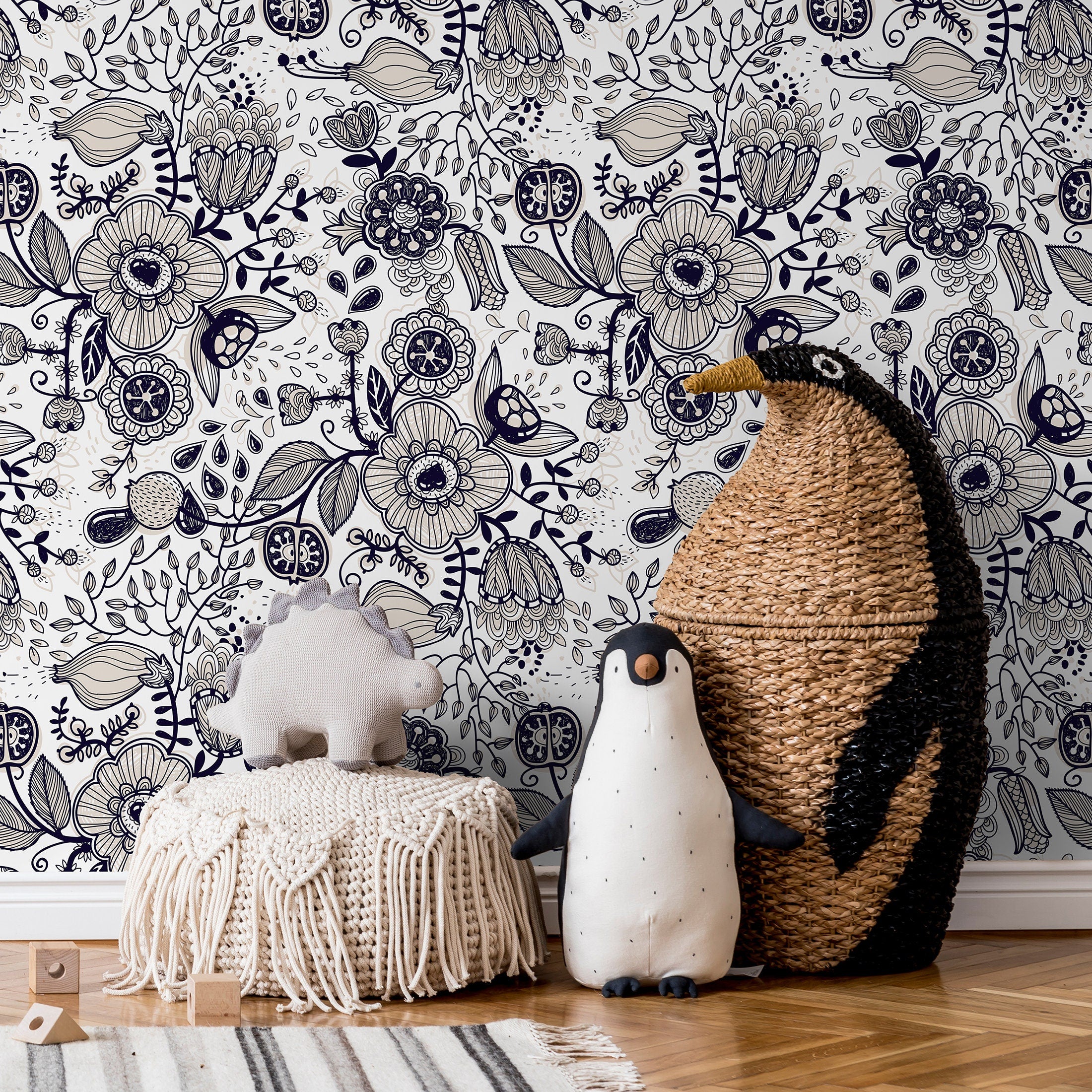 Floral Wallpaper Featuring Intricate Line Art In Dark Blue And Beige - A406