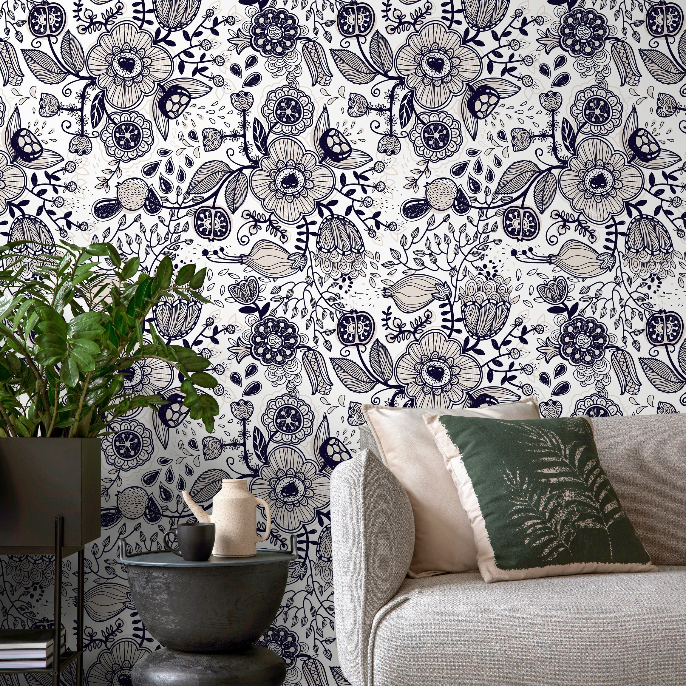Floral Wallpaper Featuring Intricate Line Art In Dark Blue And Beige - A406