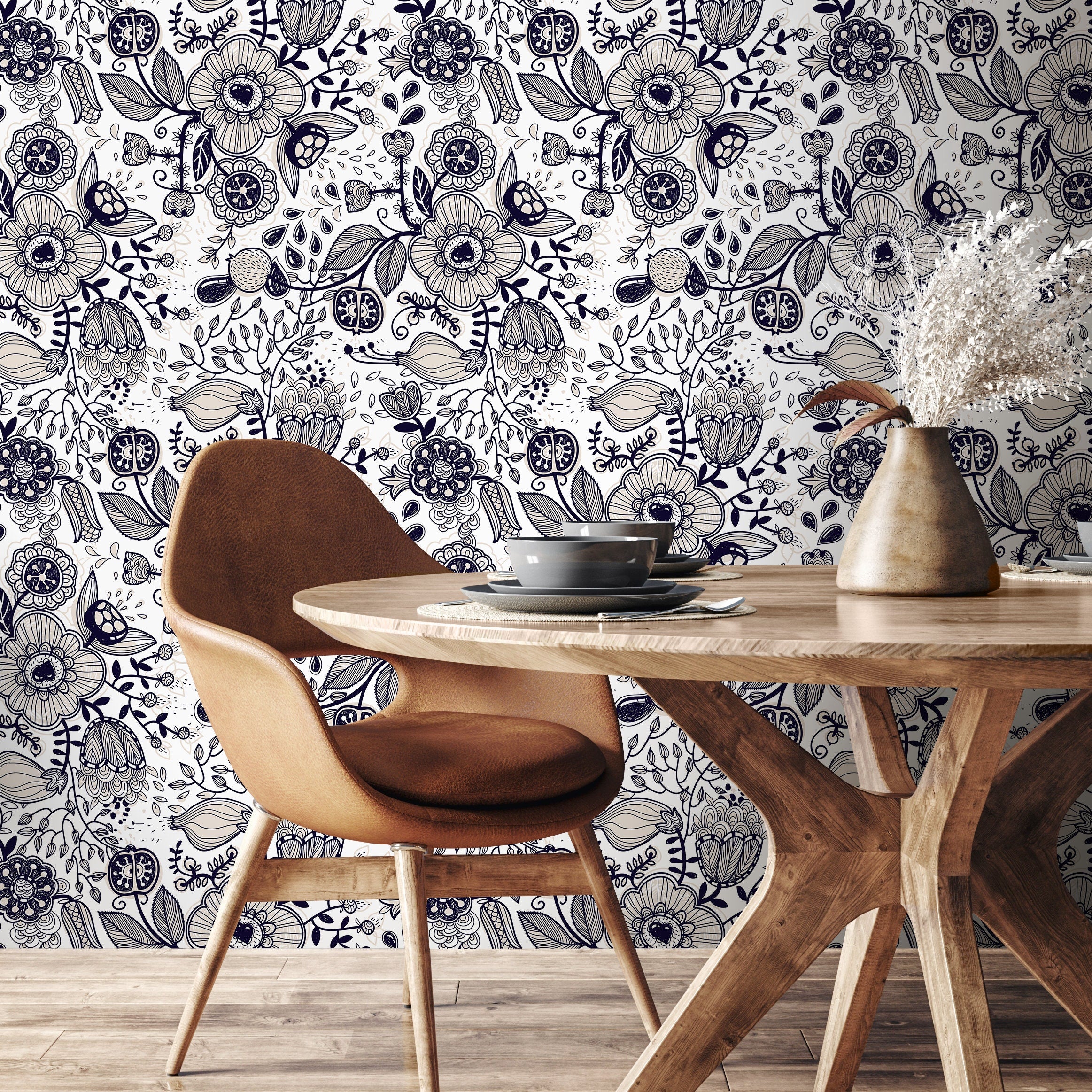 Floral Wallpaper Featuring Intricate Line Art In Dark Blue And Beige - A406