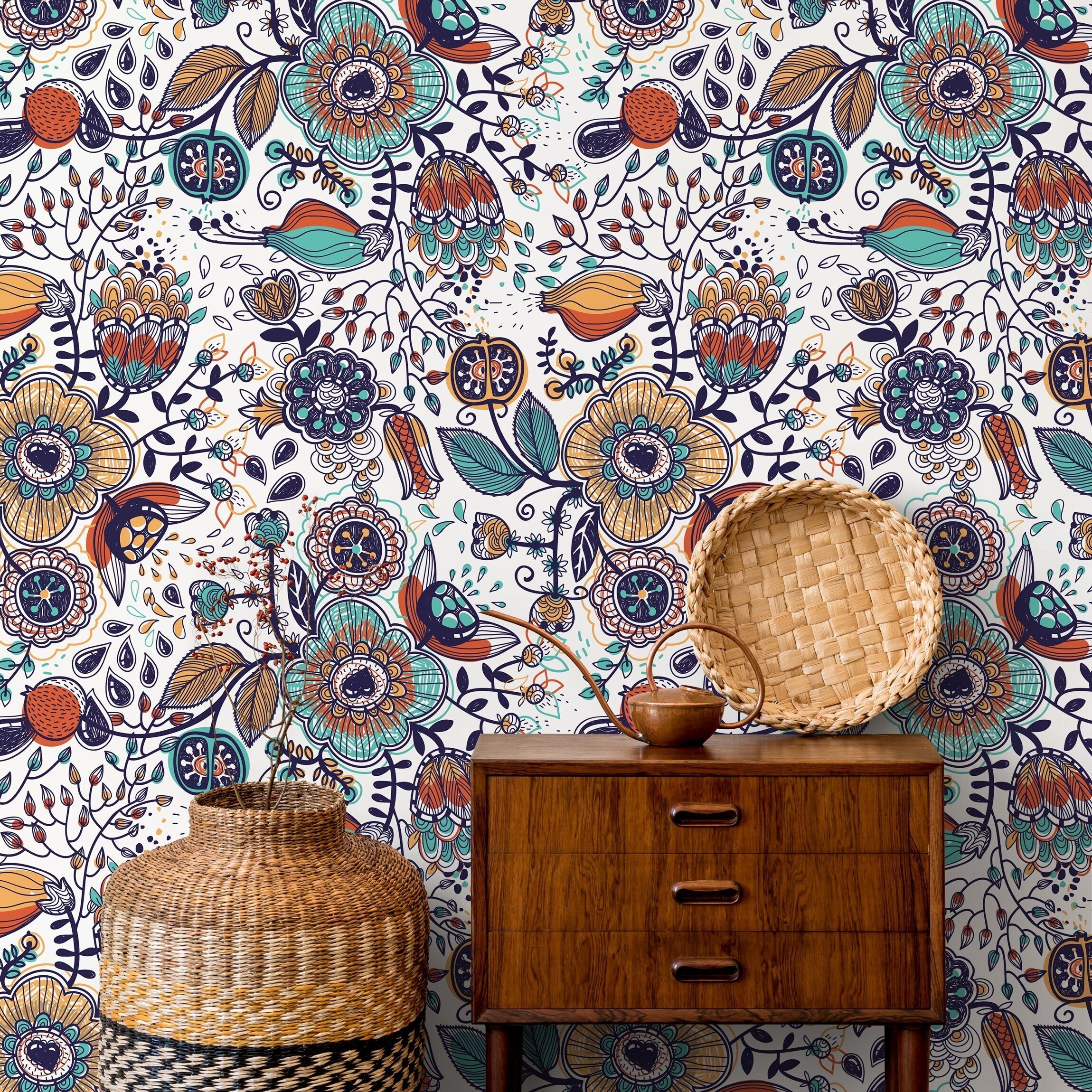 Botanical Wallpaper With Folk Art Florals In Teal, Orange, And Blue - A407
