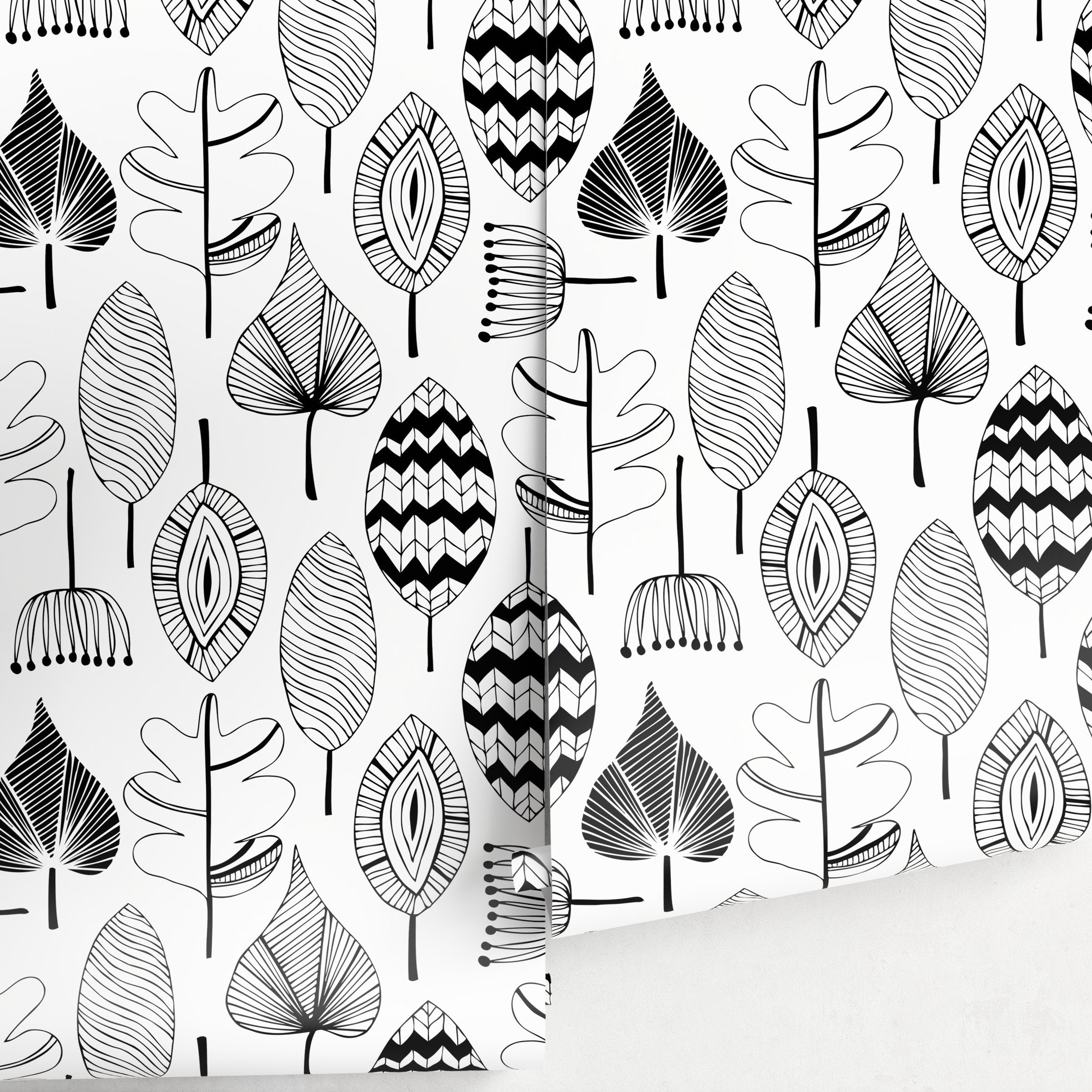 Botanical Wallpaper With Stylized Leaf Motifs In Black And White - A411