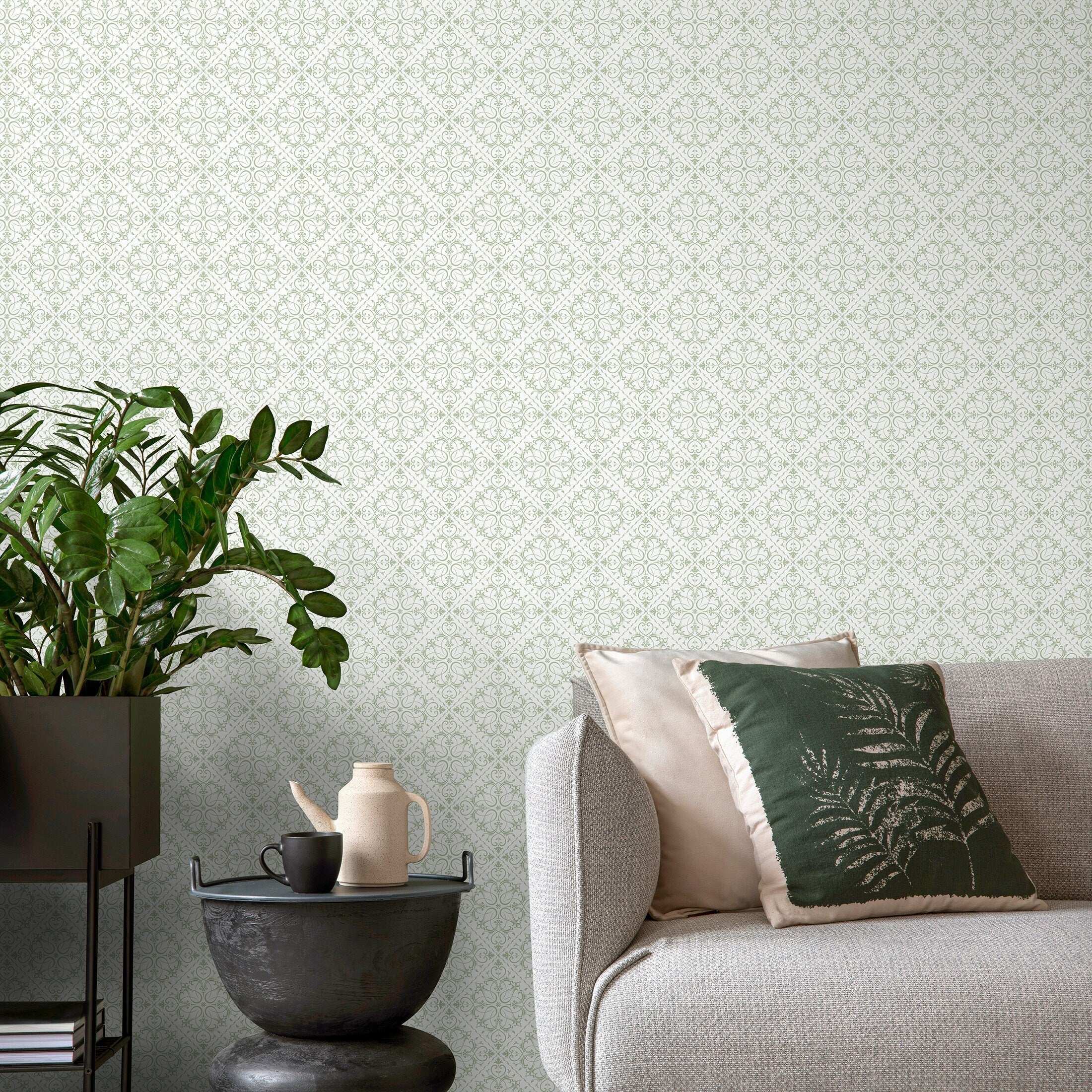 Tile Wallpaper With An Intricate Filigree Motif In Light Green - A413