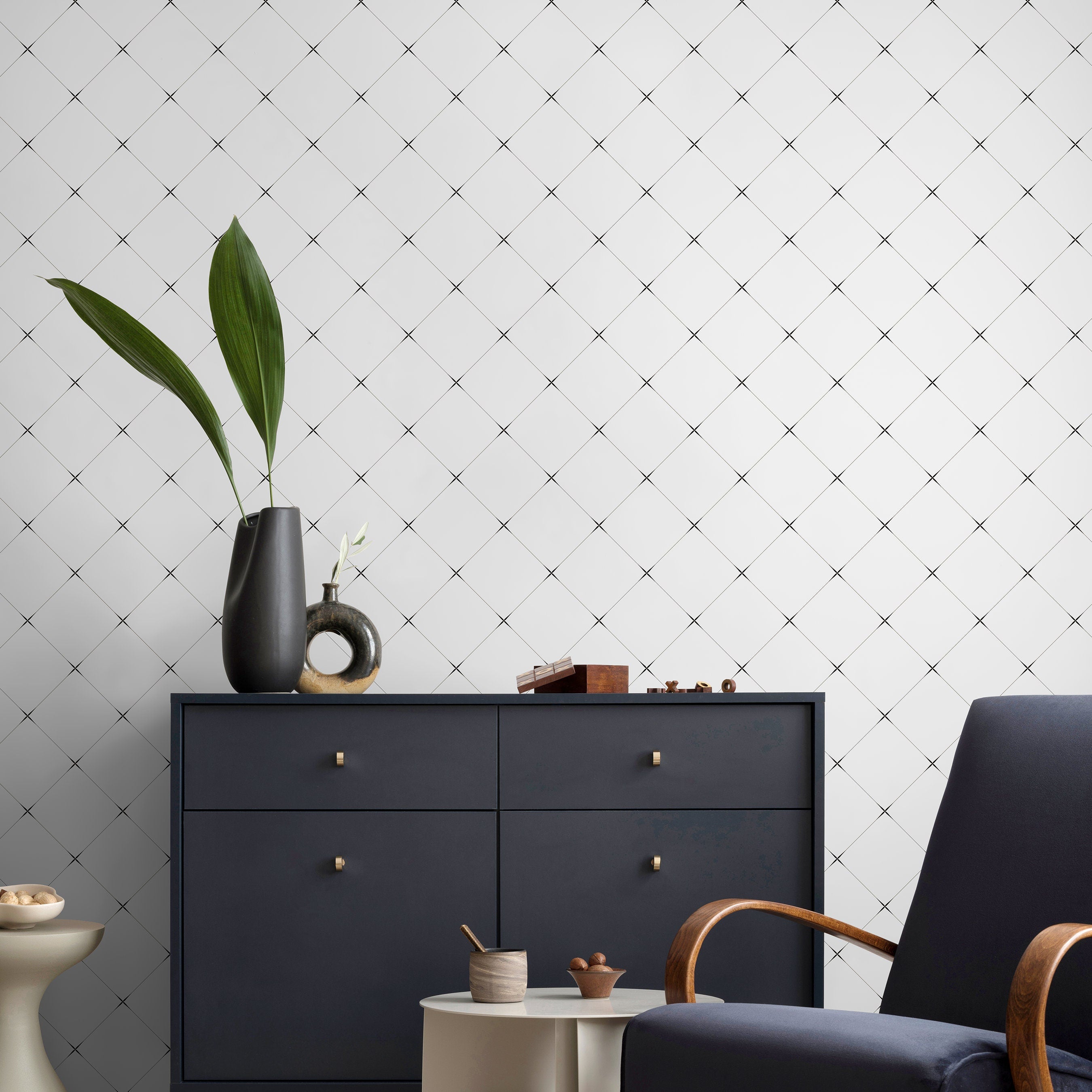 Minimalist Wallpaper With A Geometric Diamond Grid In Black - A415