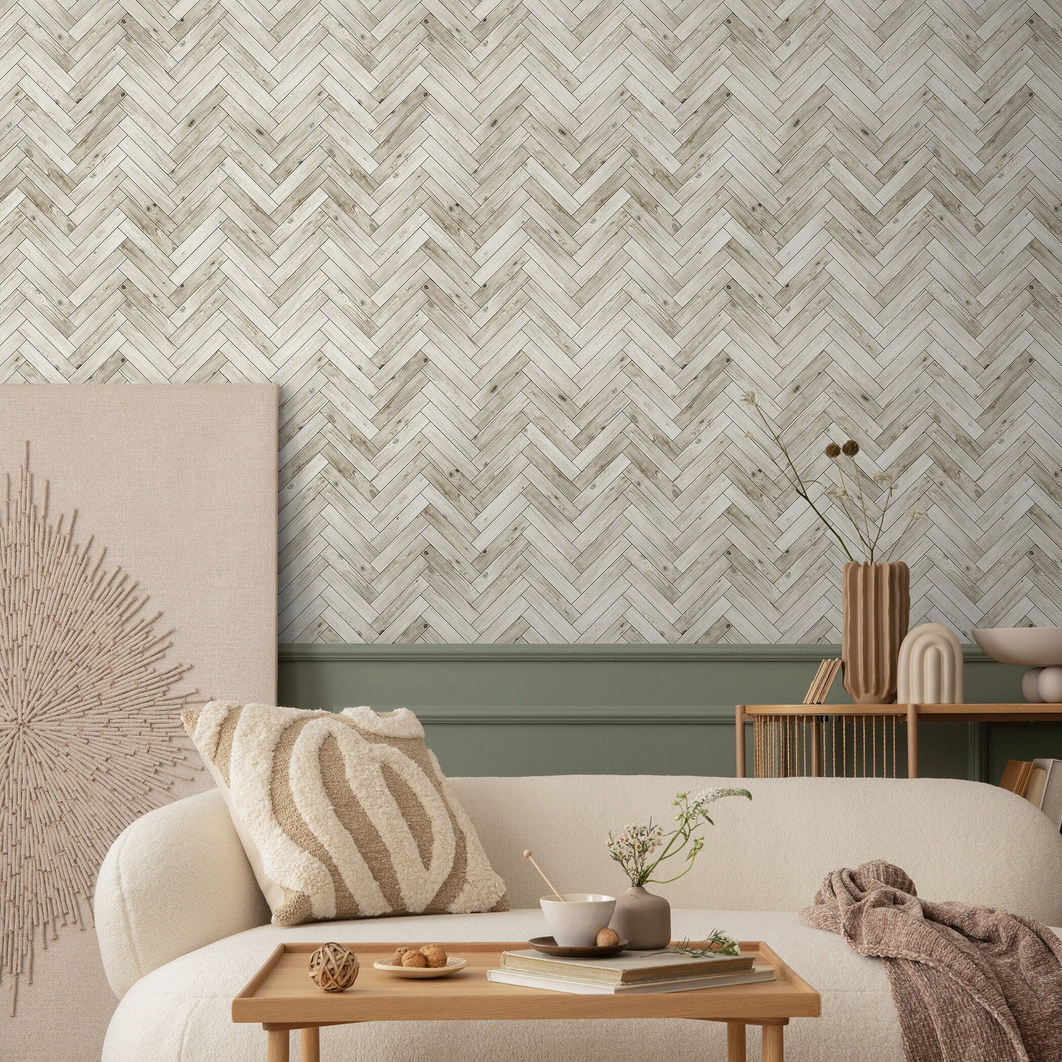Wood Wallpaper With A Modern Herringbone Motif In Beige And Brown - A430