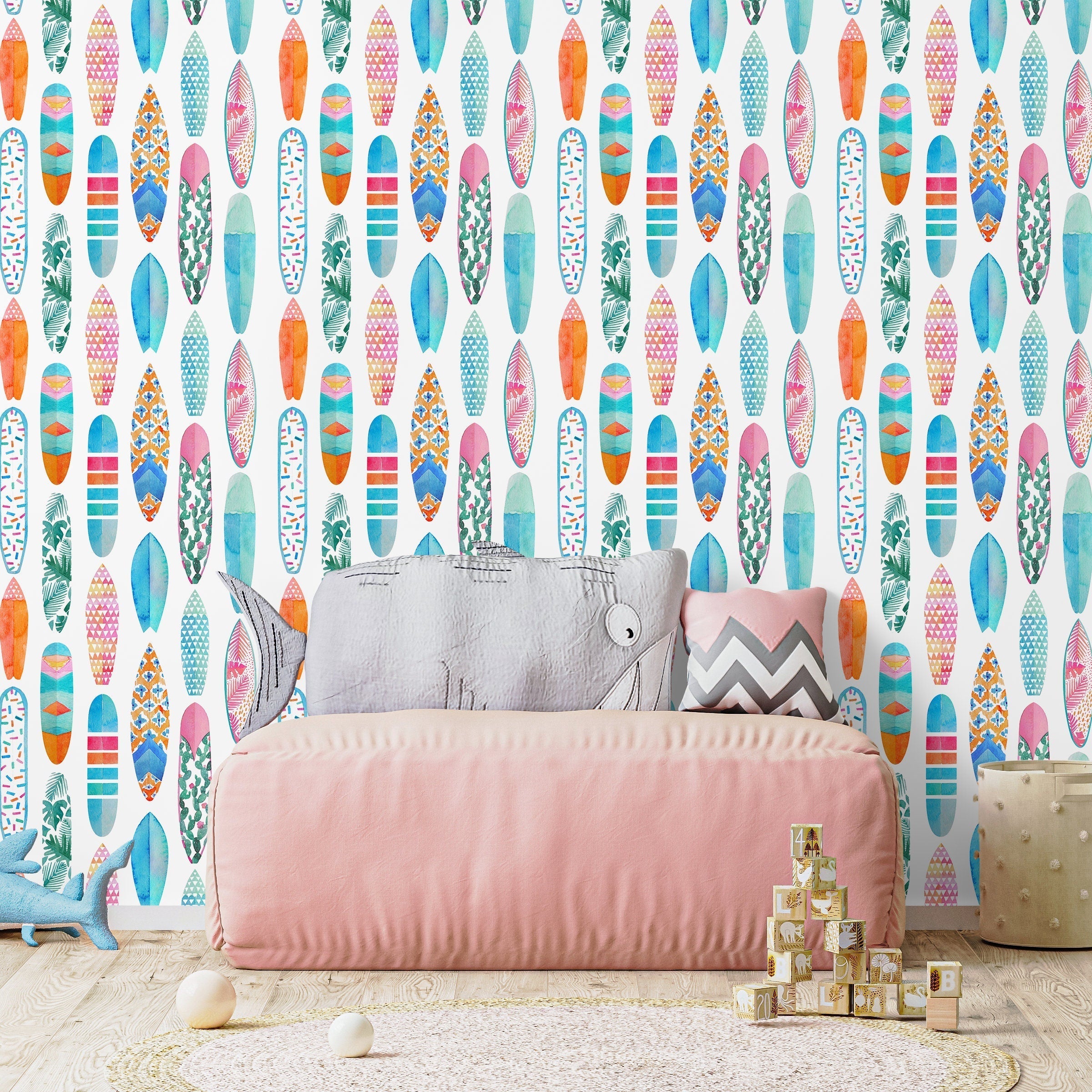 Coastal Wallpaper Featuring A Watercolor Surfboard Pattern In Blue, Pink, And Orange - A431