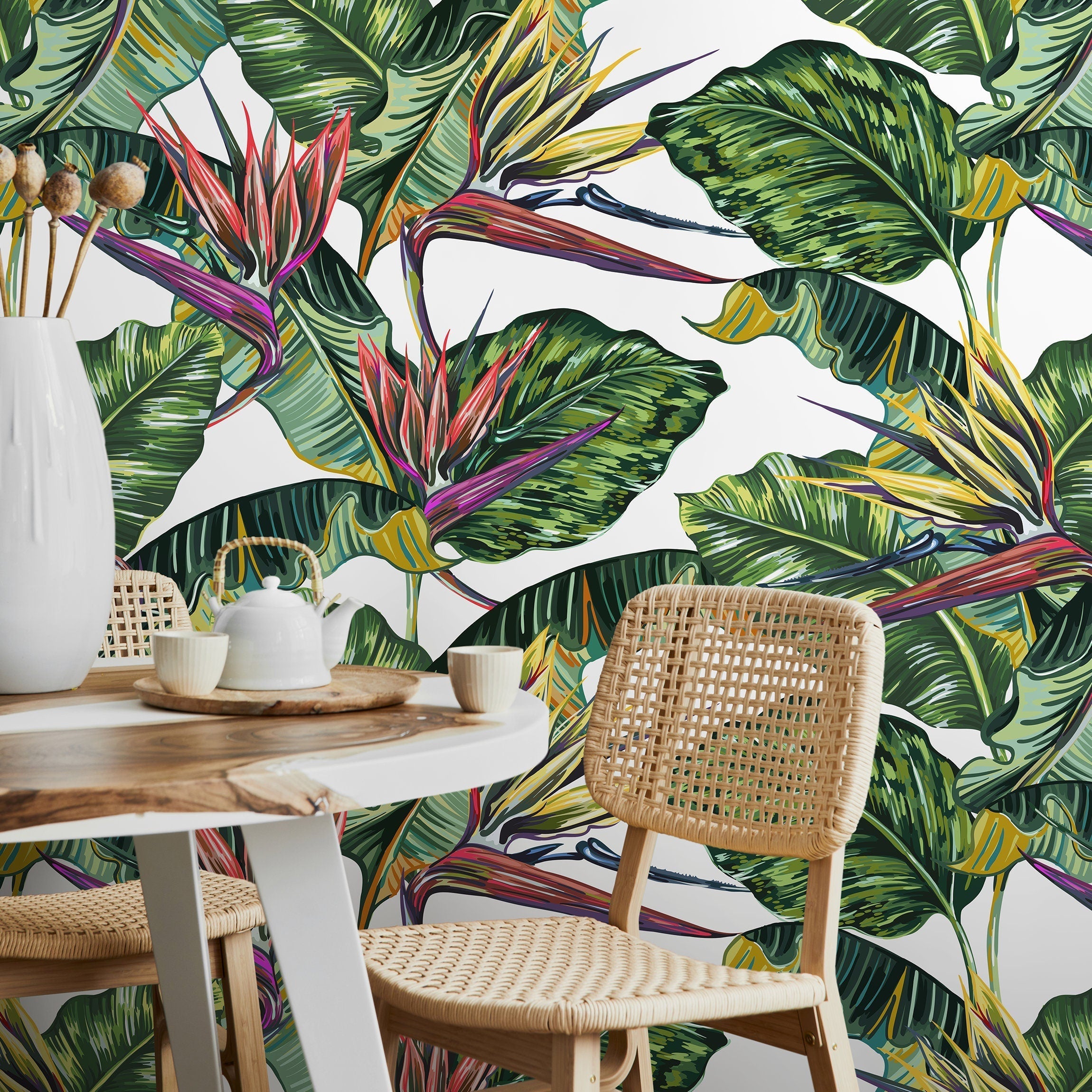 Tropical Wallpaper With Bird Of Paradise Flowers In Green, Red, And Purple - A433