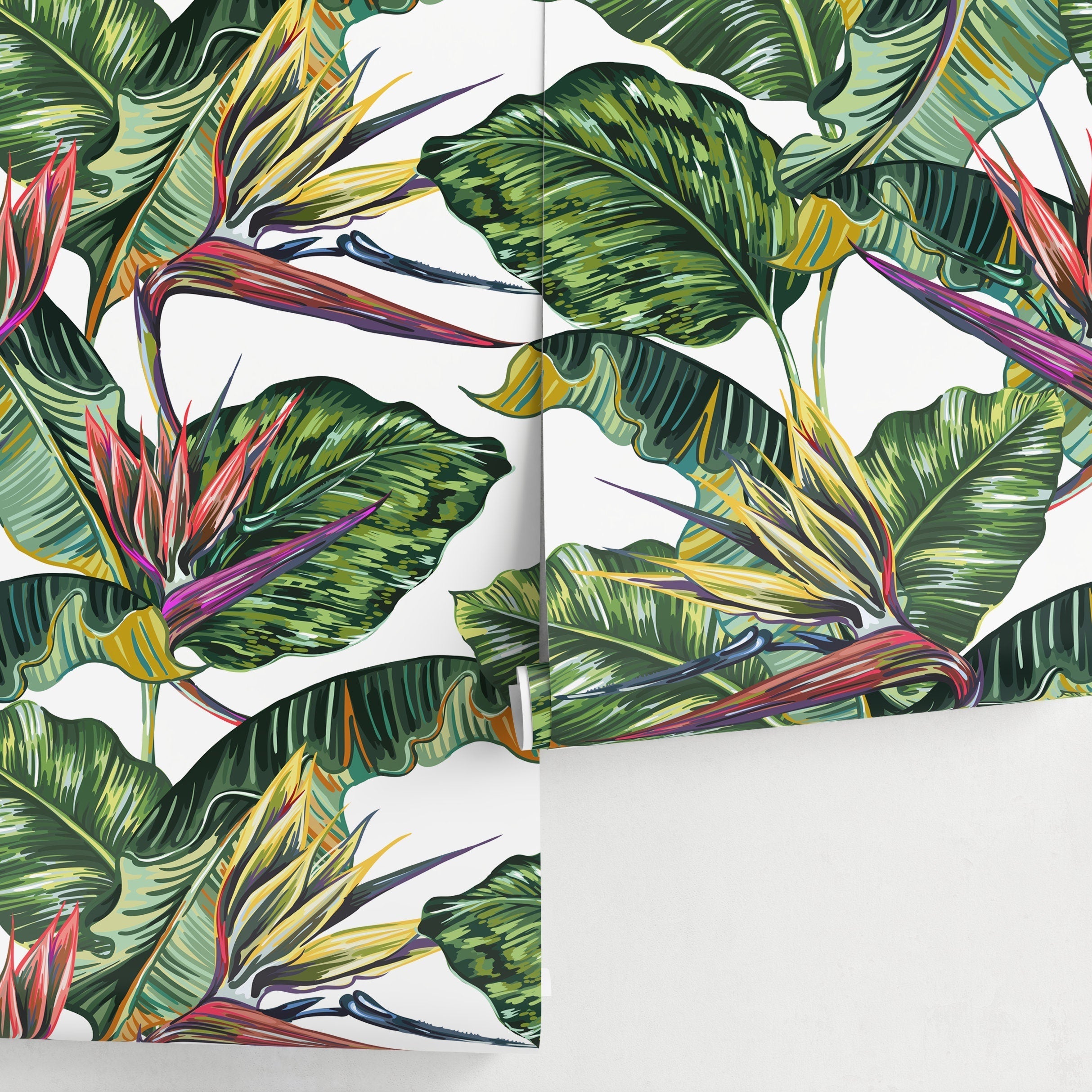 Tropical Wallpaper With Bird Of Paradise Flowers In Green, Red, And Purple - A433