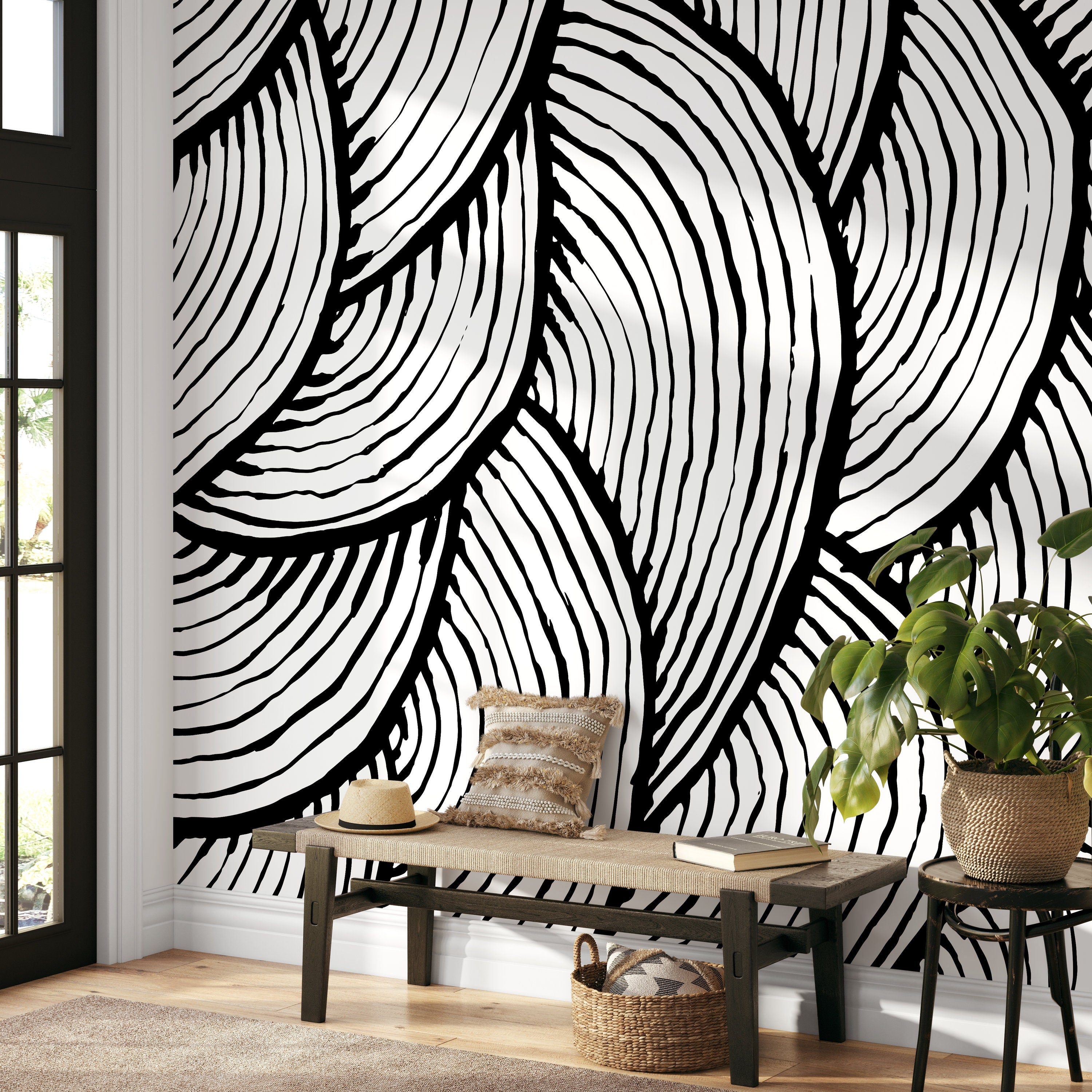 Abstract Wallpaper With Bold Layered Lines In Black And White - A435