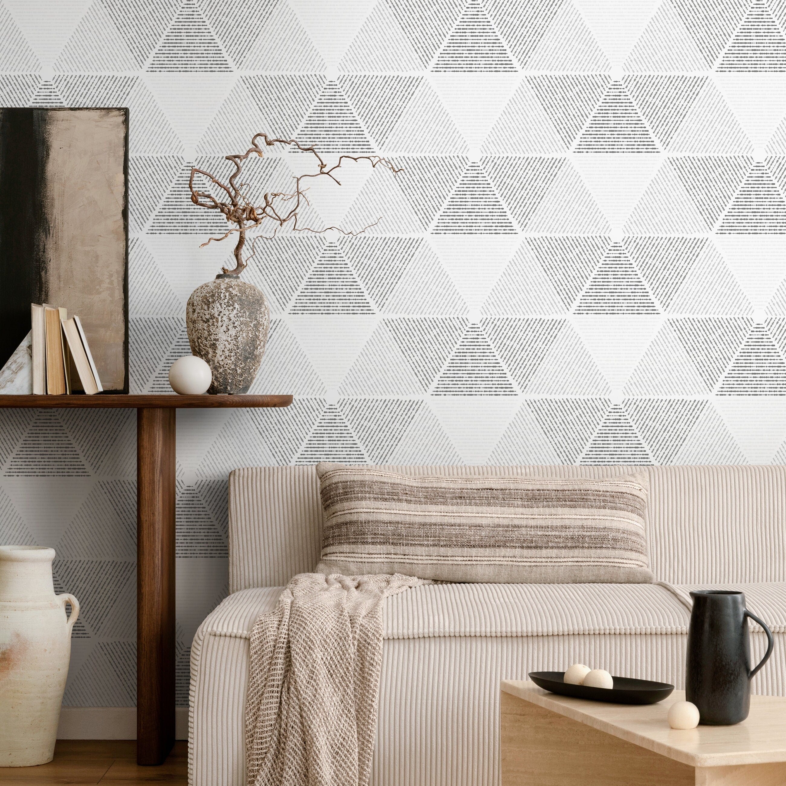 Geometric Wallpaper With A Textured Triangle Motif In Black, Gray, And White - A438