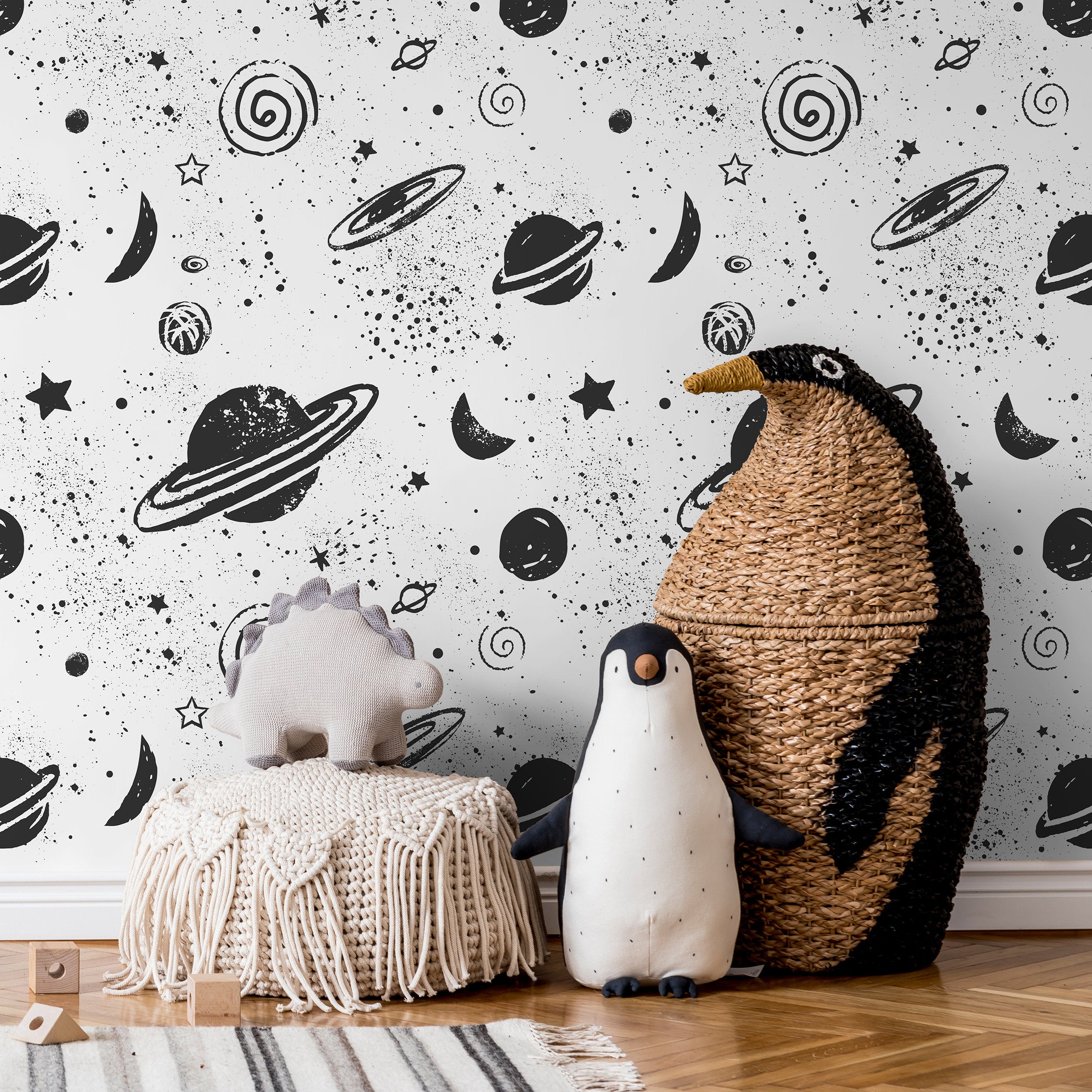 Space Wallpaper Featuring Hand-drawn Planets And Stars In Black And White - A441