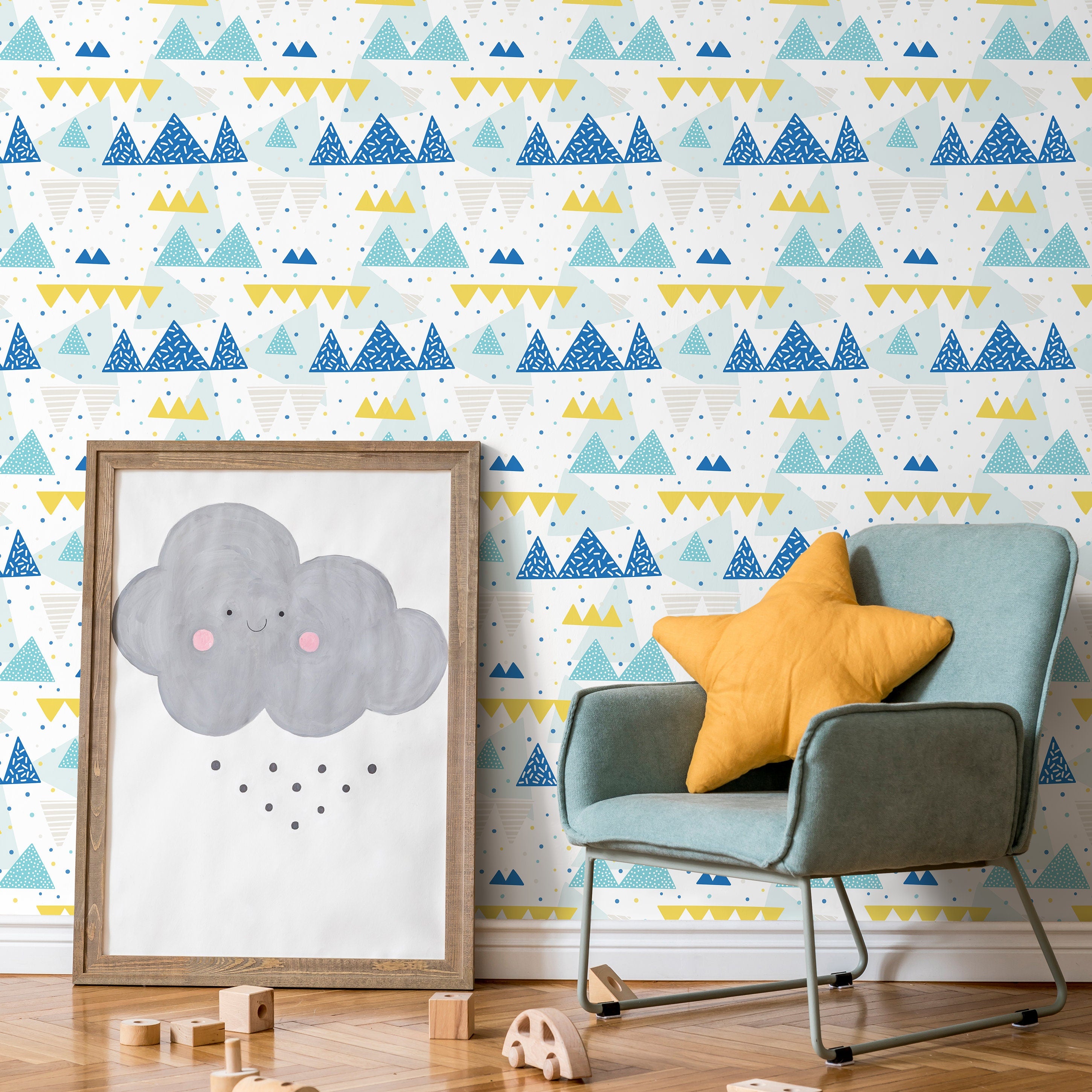Mountain Wallpaper With A Geometric Peak Motif In Blue, Yellow, And Gray - A442
