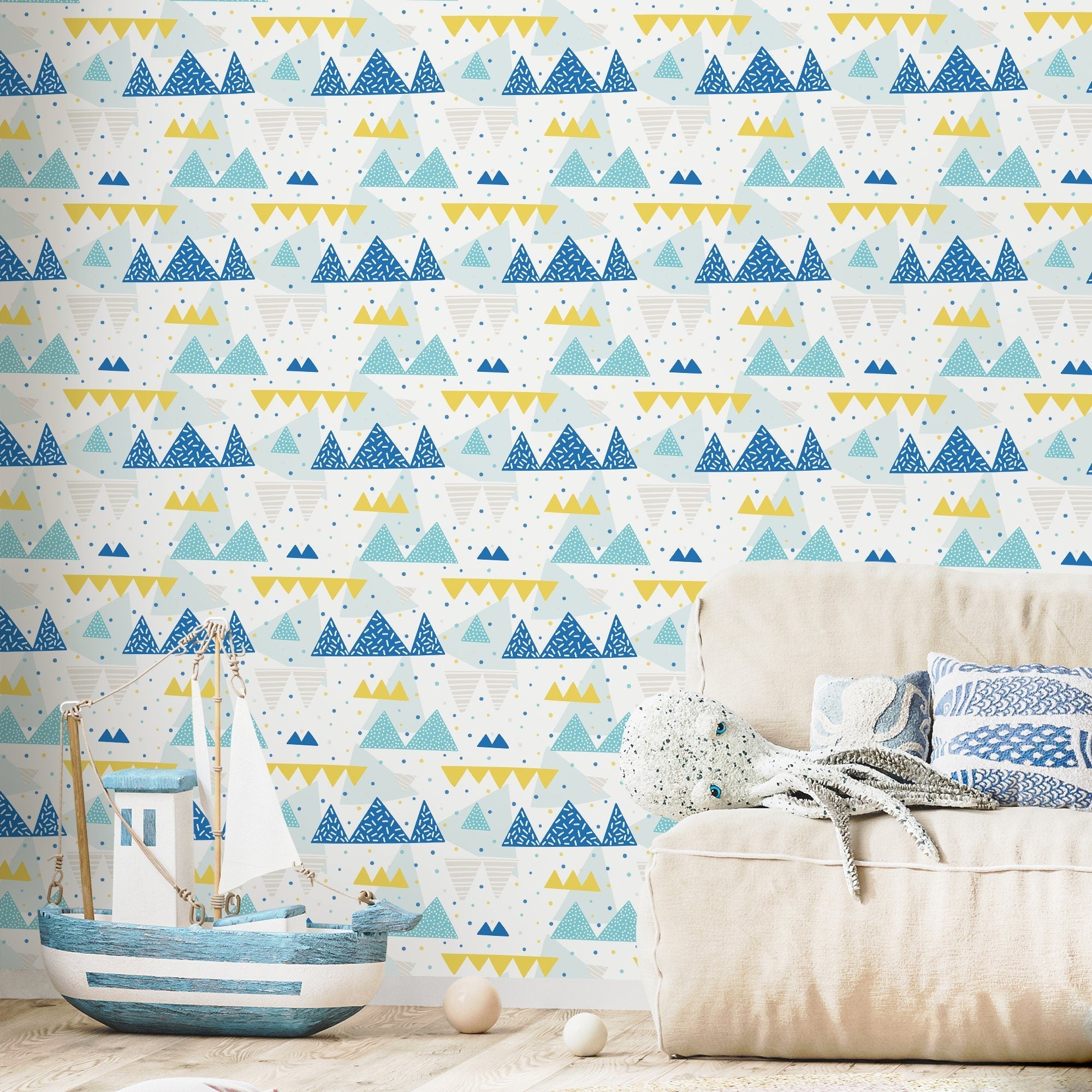 Mountain Wallpaper With A Geometric Peak Motif In Blue, Yellow, And Gray - A442