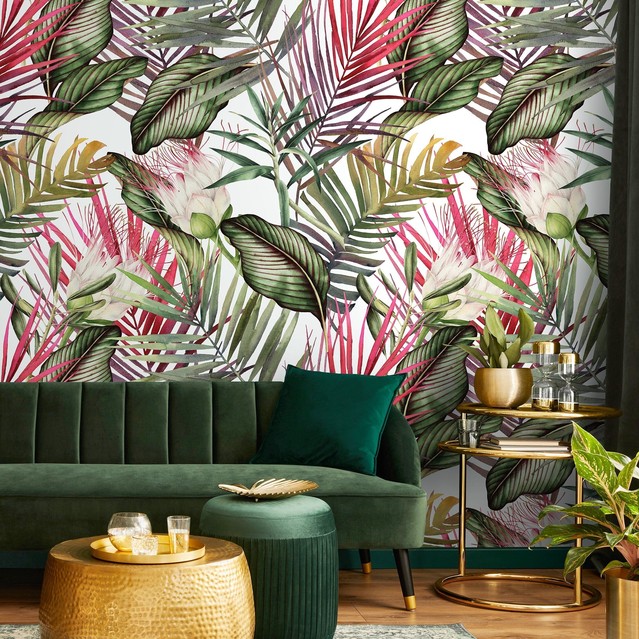 Tropical Wallpaper With Lush Jungle Leaves In Red, Green, And Purple - A444