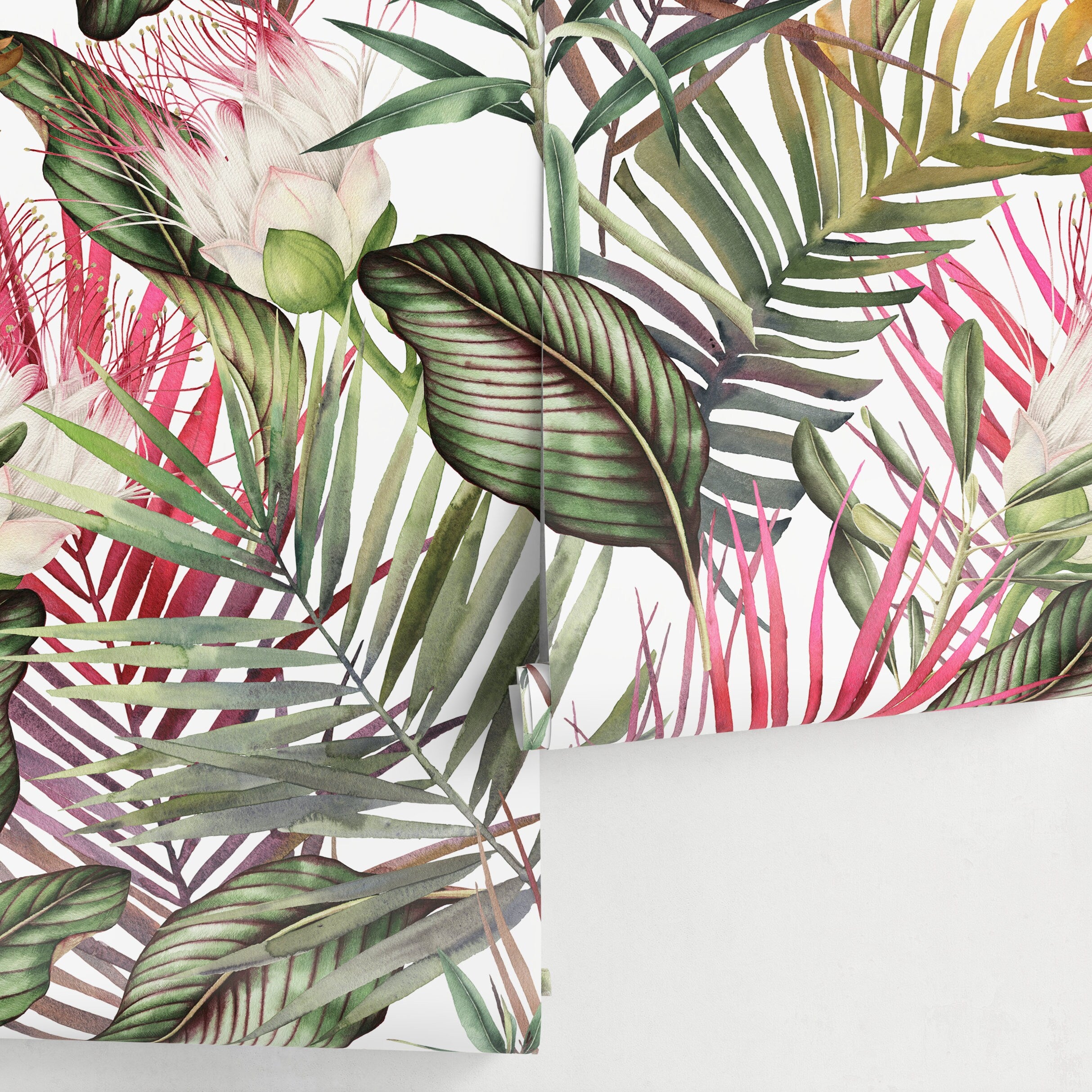 Tropical Wallpaper With Lush Jungle Leaves In Red, Green, And Purple - A444