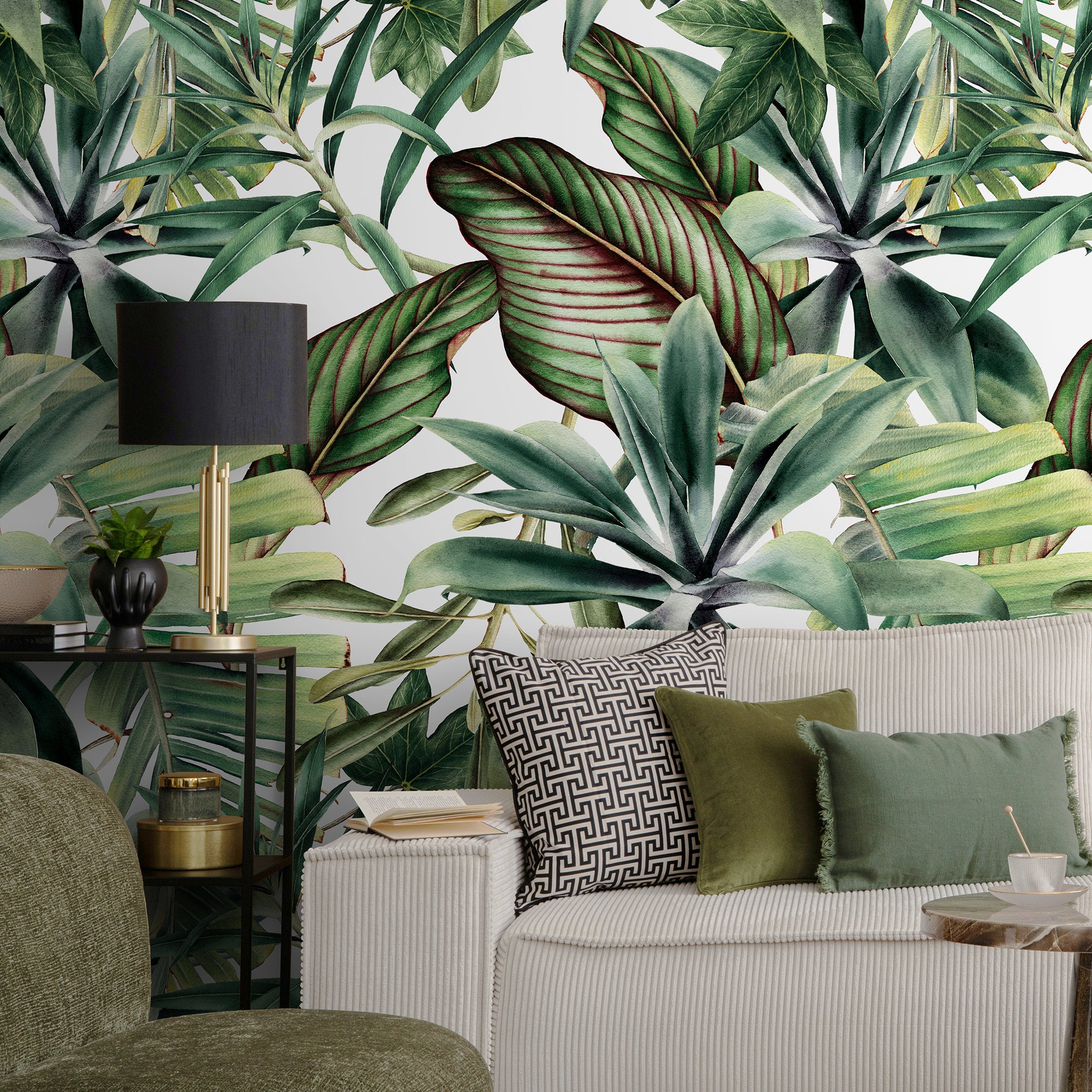 Botanical Wallpaper Featuring A Lush Tropical Canopy In Green And Red - A450
