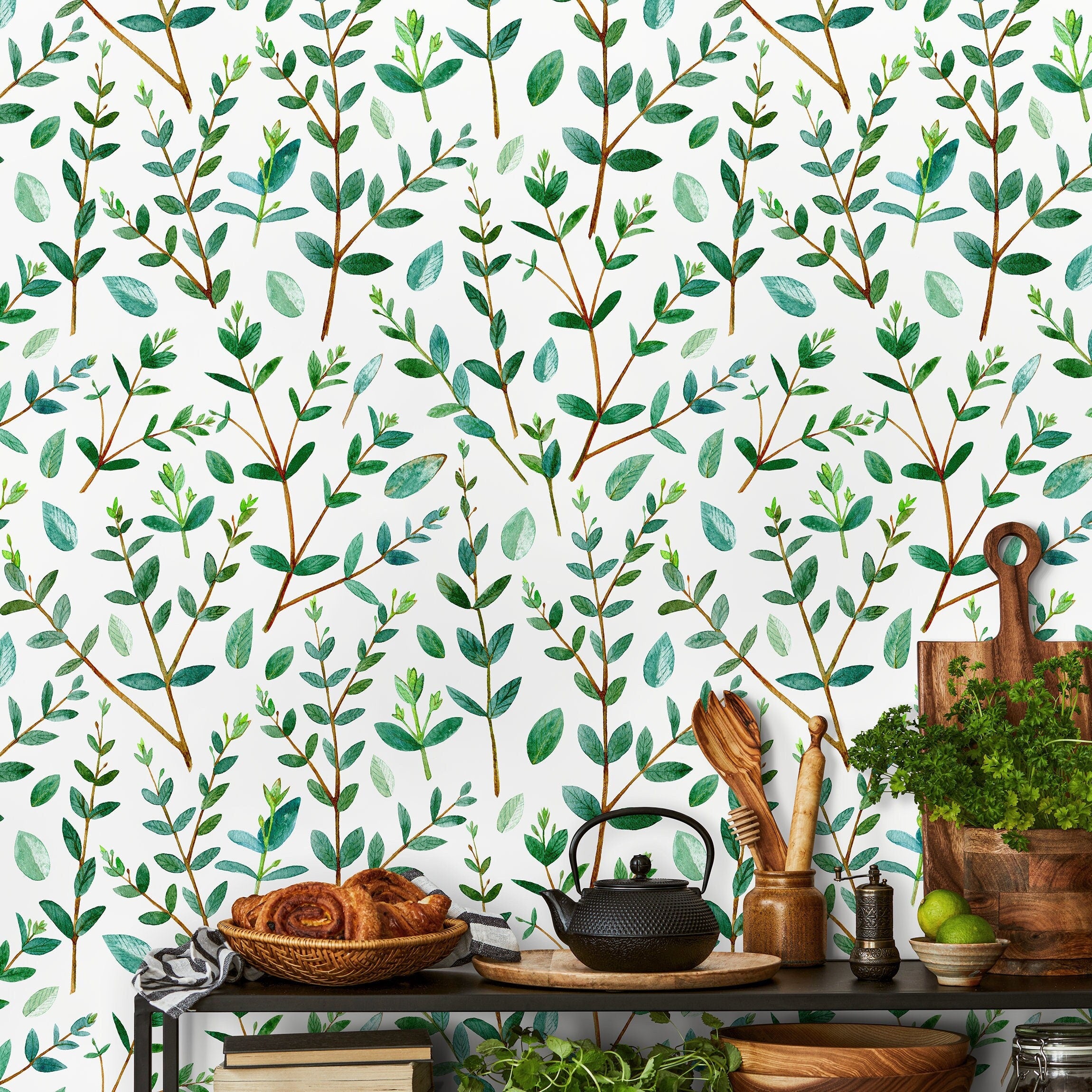 Botanical Wallpaper With Watercolor Leafy Branches In Green And Brown - A463