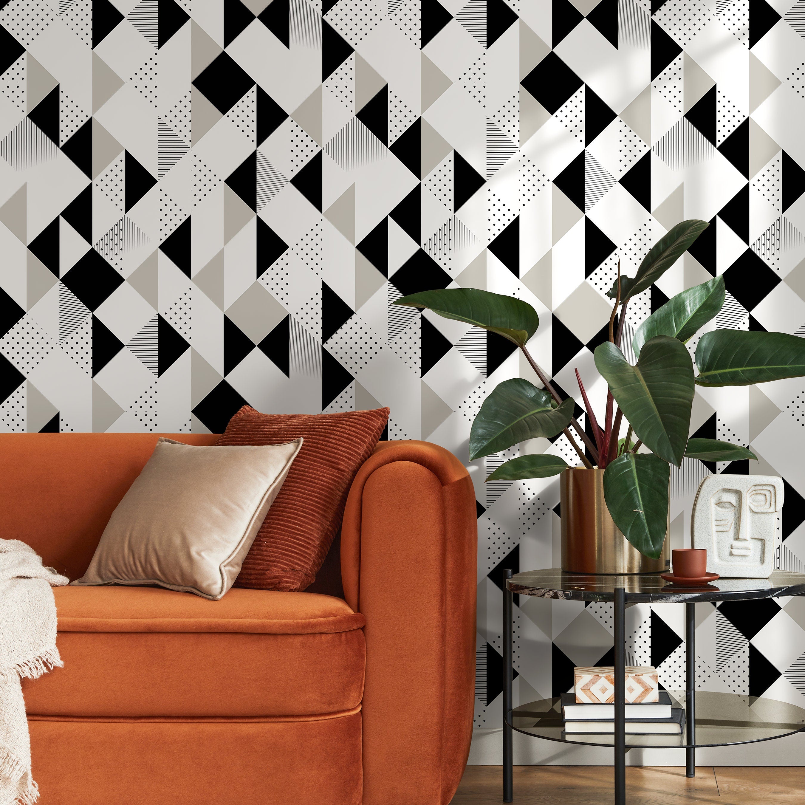 Geometric Wallpaper With A Modern Triangle Collage In Black, White, And Grey - A475