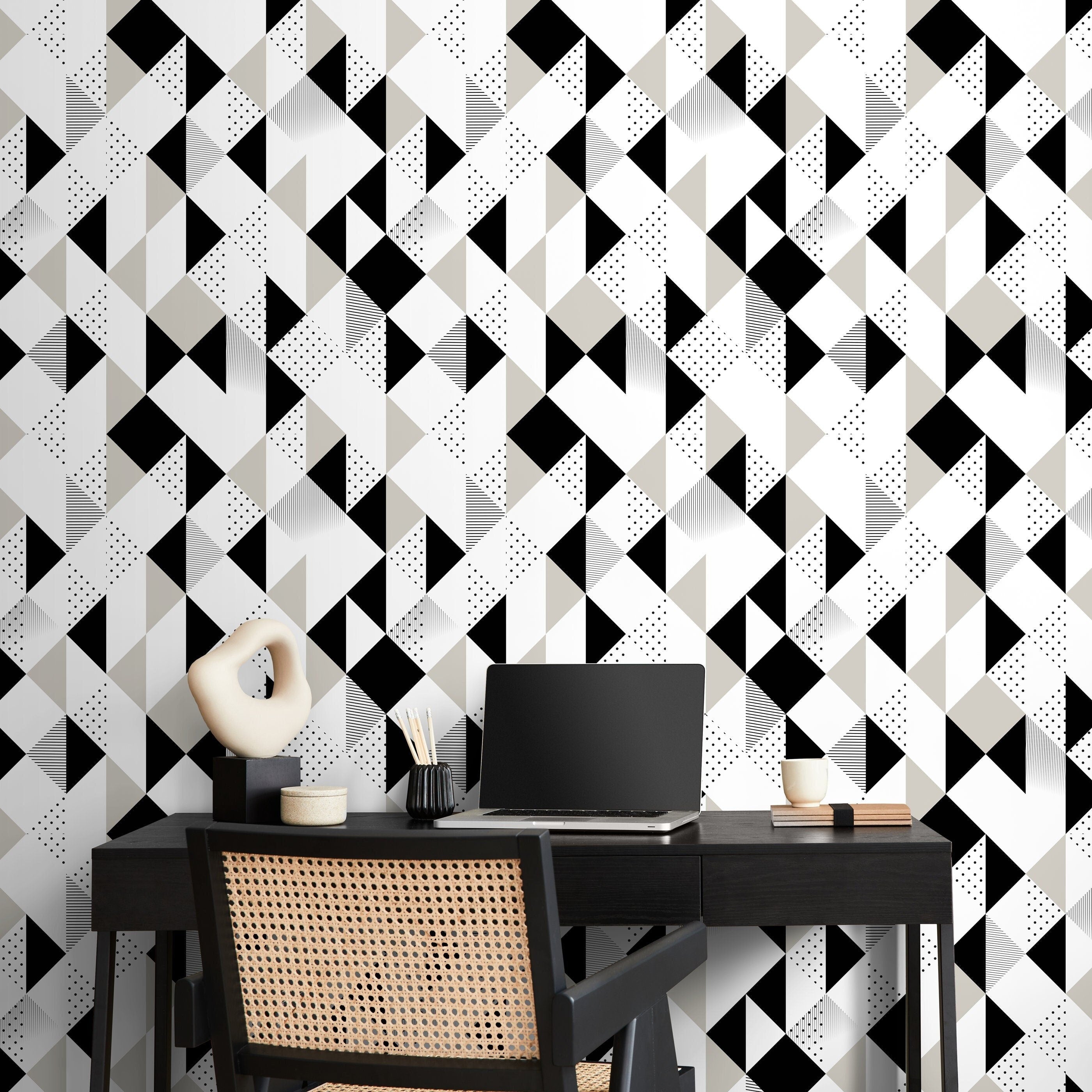 Geometric Wallpaper With A Modern Triangle Collage In Black, White, And Grey - A475