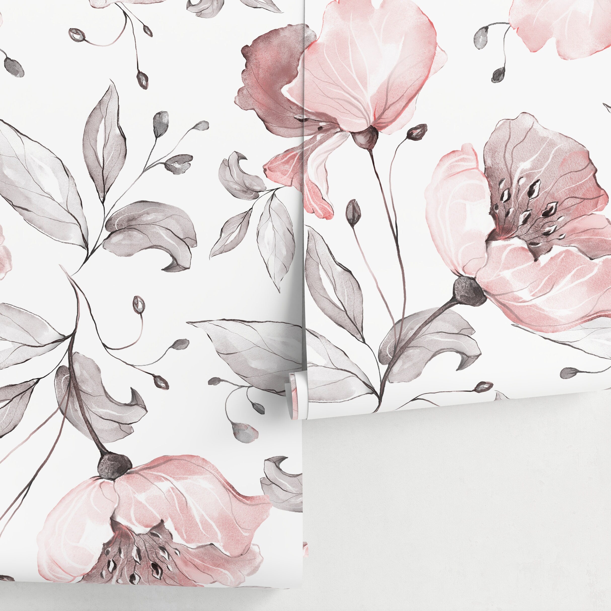 Floral Wallpaper With Elegant Watercolor Blooms In Pink And Gray - A477