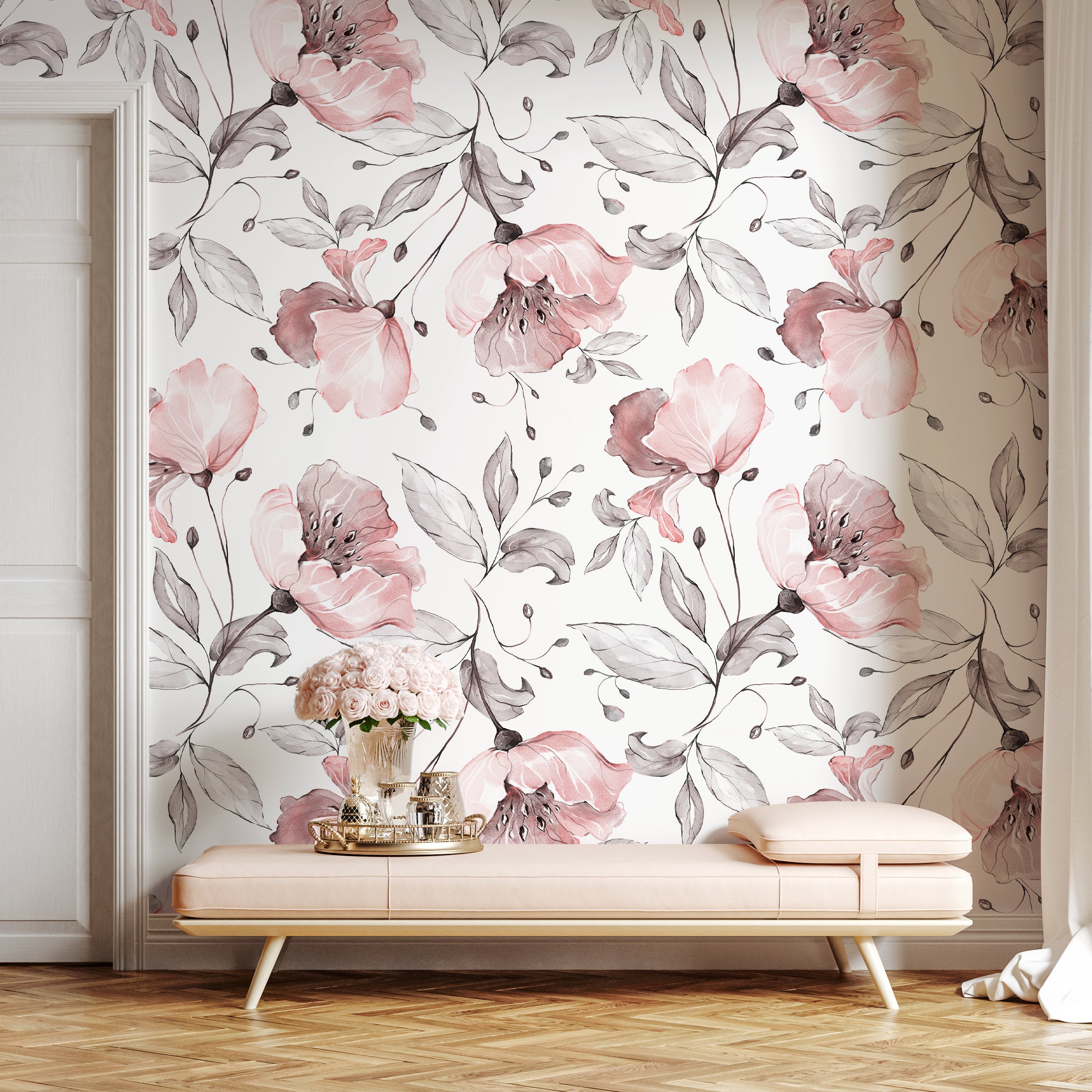 Floral Wallpaper With Elegant Watercolor Blooms In Pink And Gray - A477