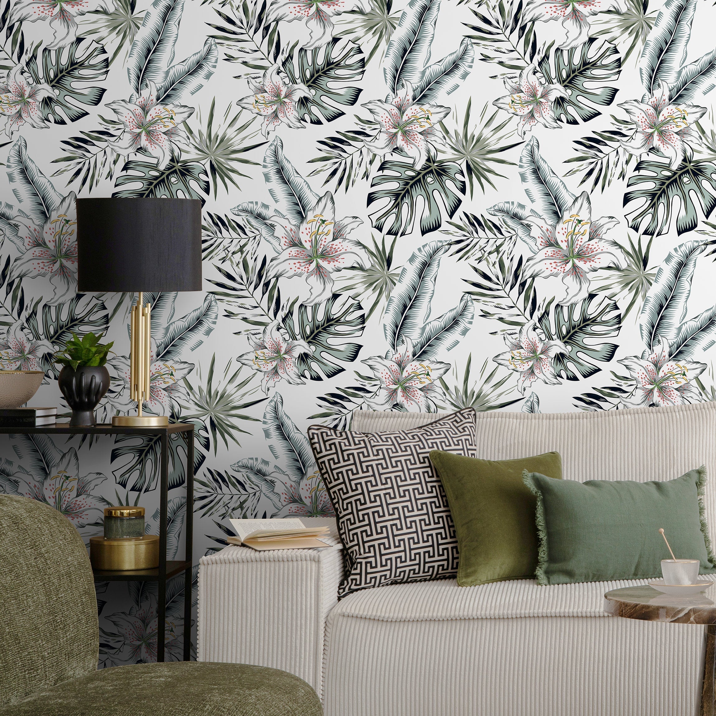 Tropical Wallpaper With Lilies And Palm Leaves In Green And Pink - A478
