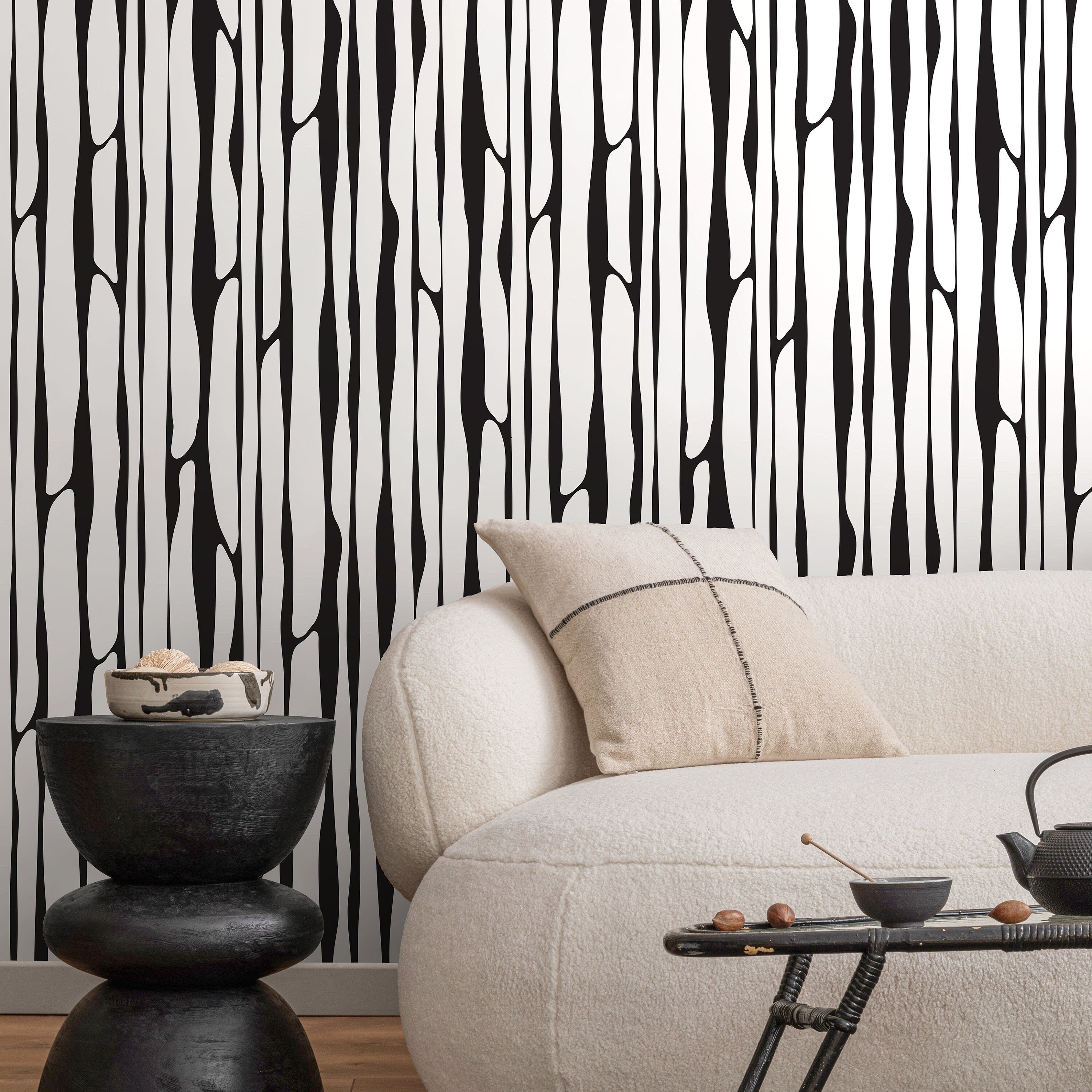 Abstract Wallpaper With Wavy Vertical Stripes In Black And White - A482
