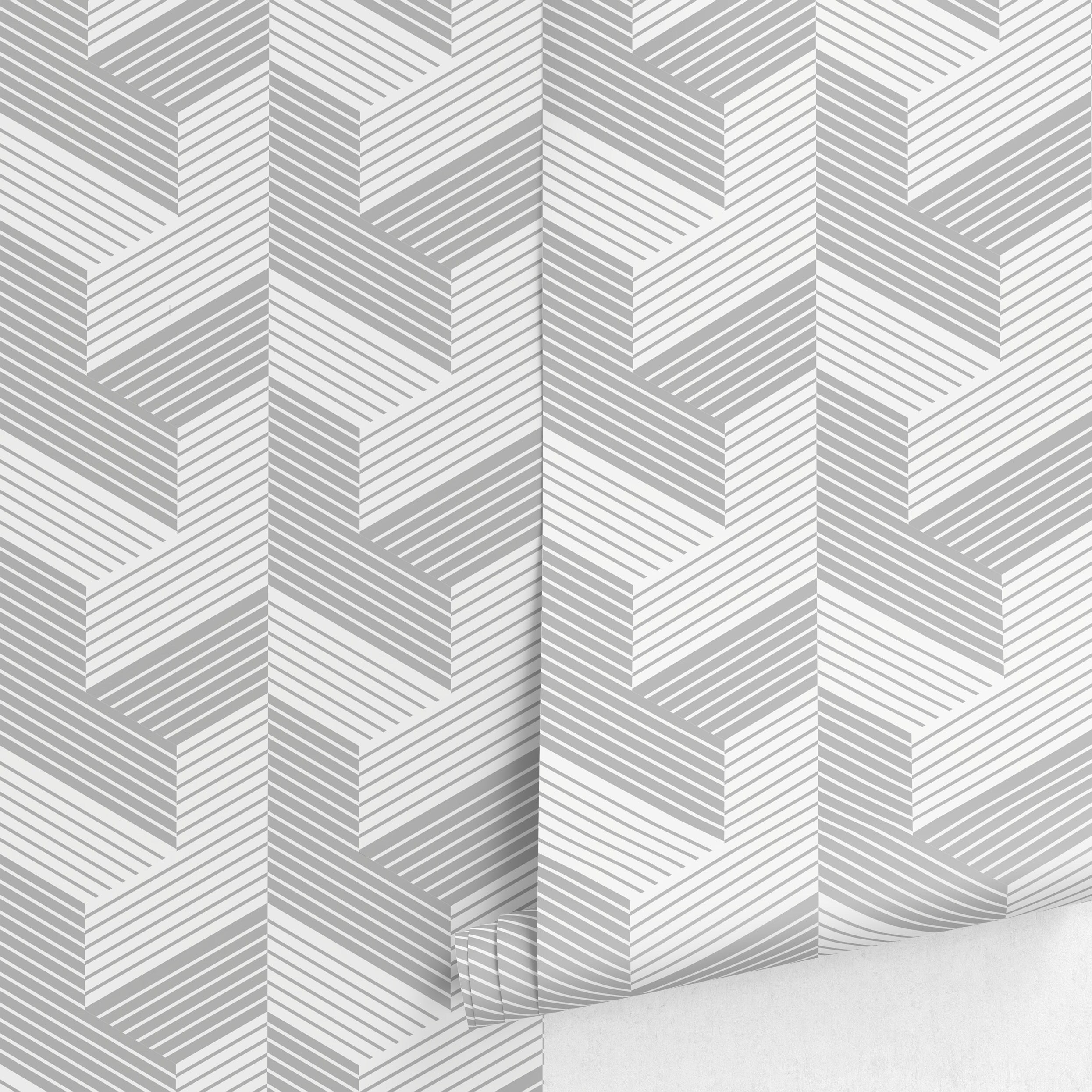 Geometric Wallpaper With A Lined 3d Block Motif In Grey - A484
