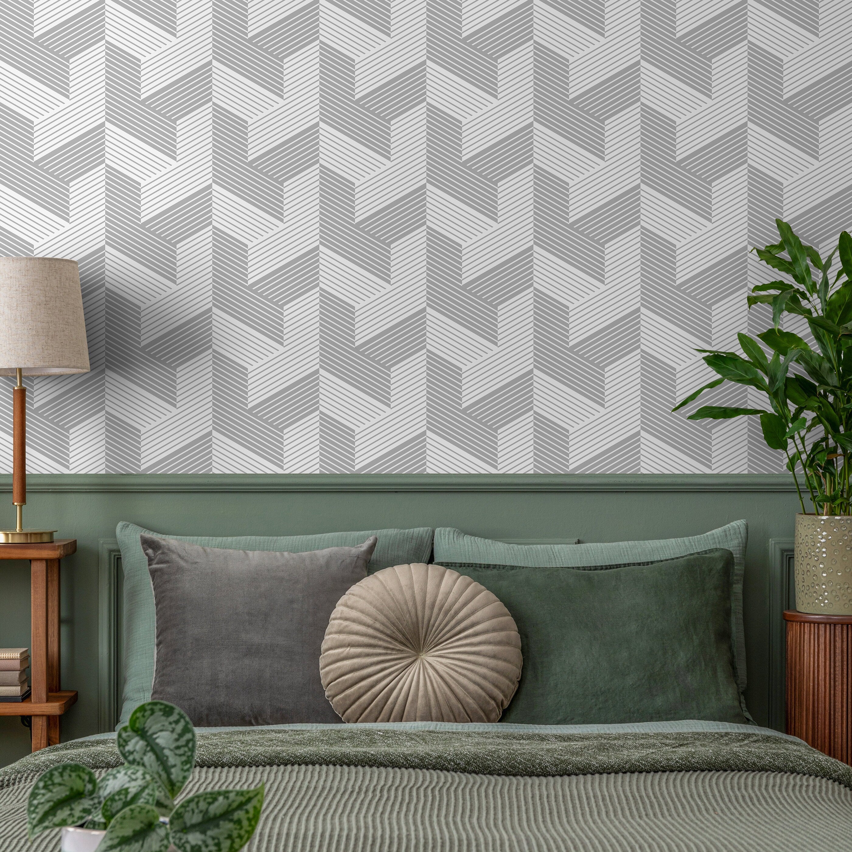 Geometric Wallpaper With A Lined 3d Block Motif In Grey - A484