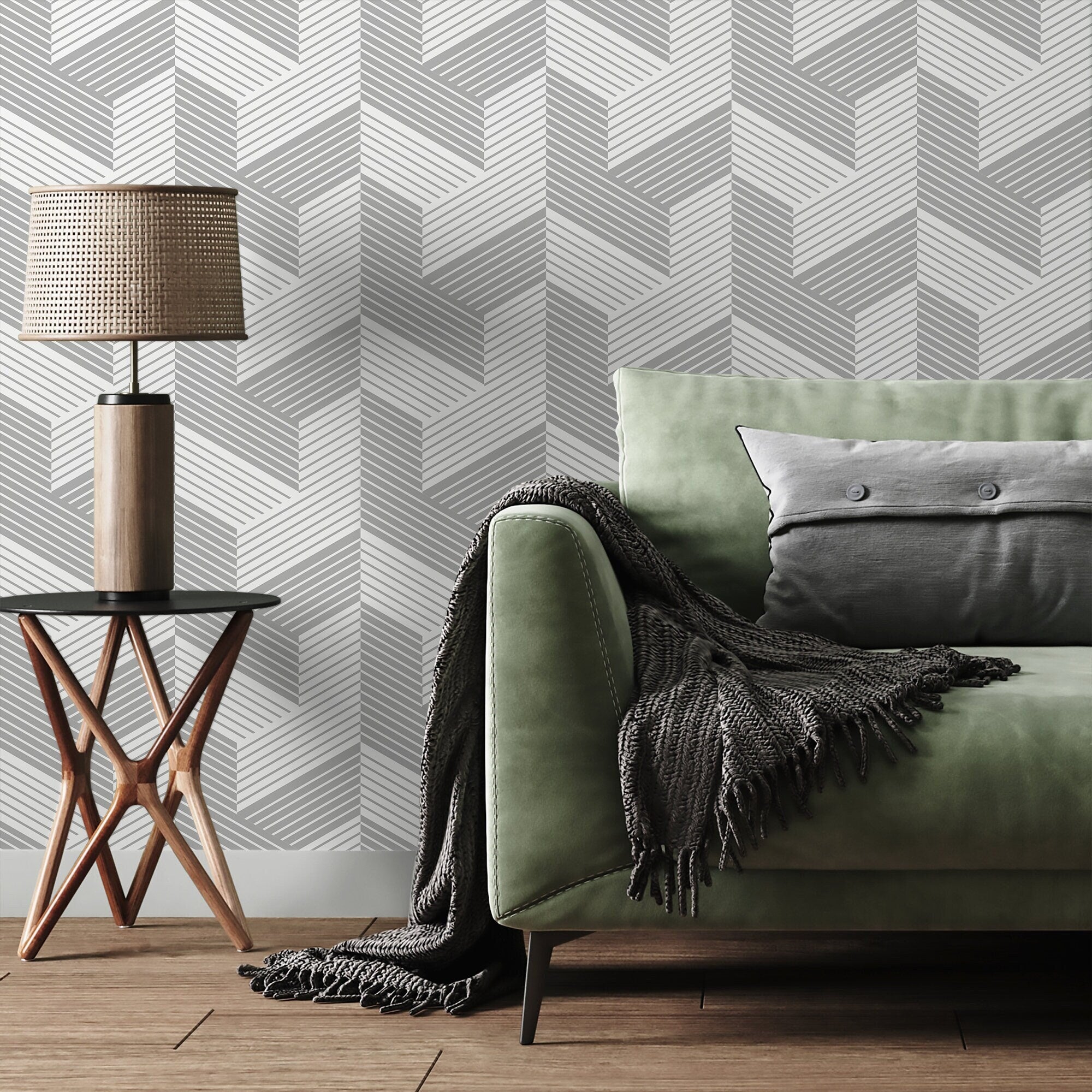 Geometric Wallpaper With A Lined 3d Block Motif In Grey - A484