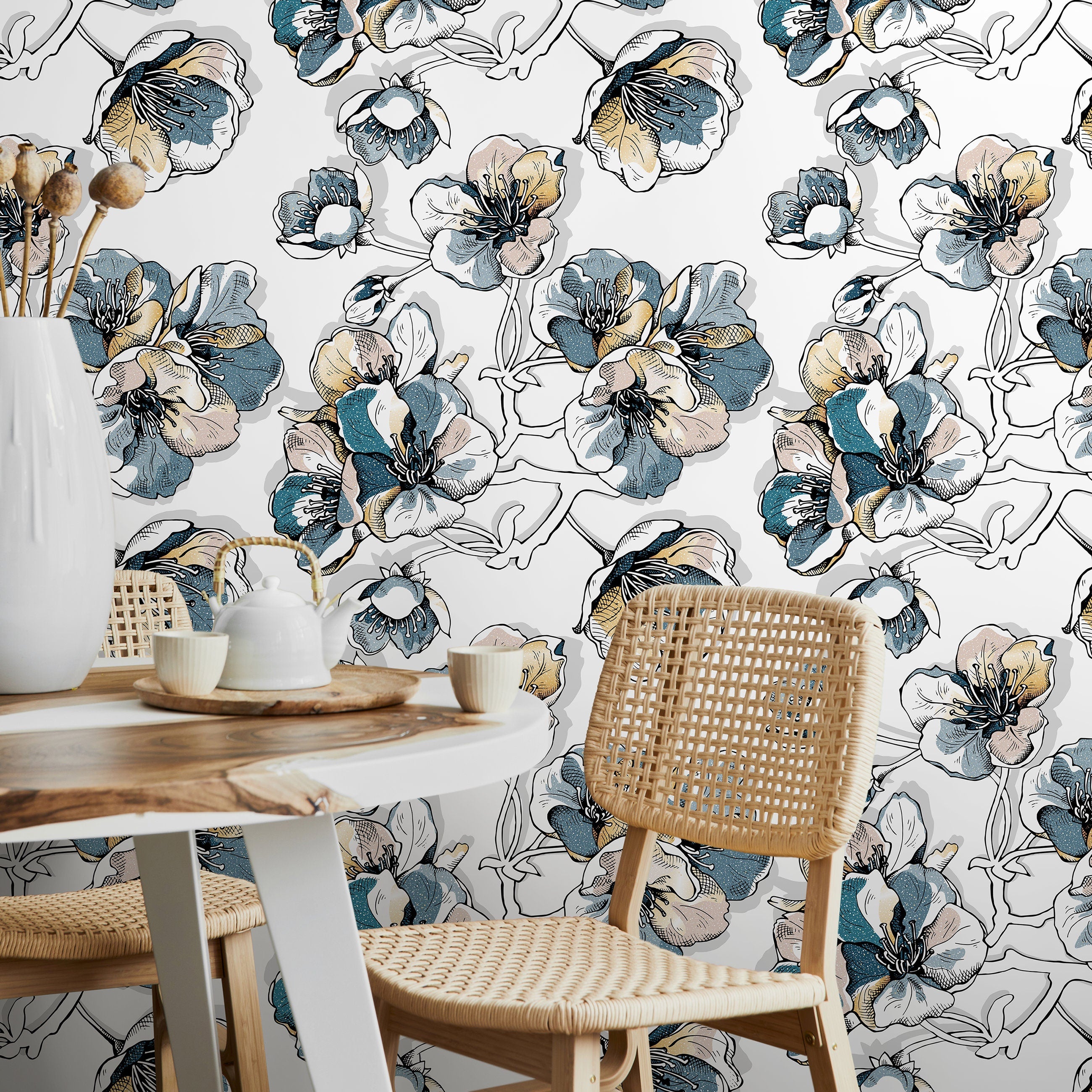 Floral Wallpaper With A Hand-drawn Sketch Motif In Blue, Yellow, And Pink - A488