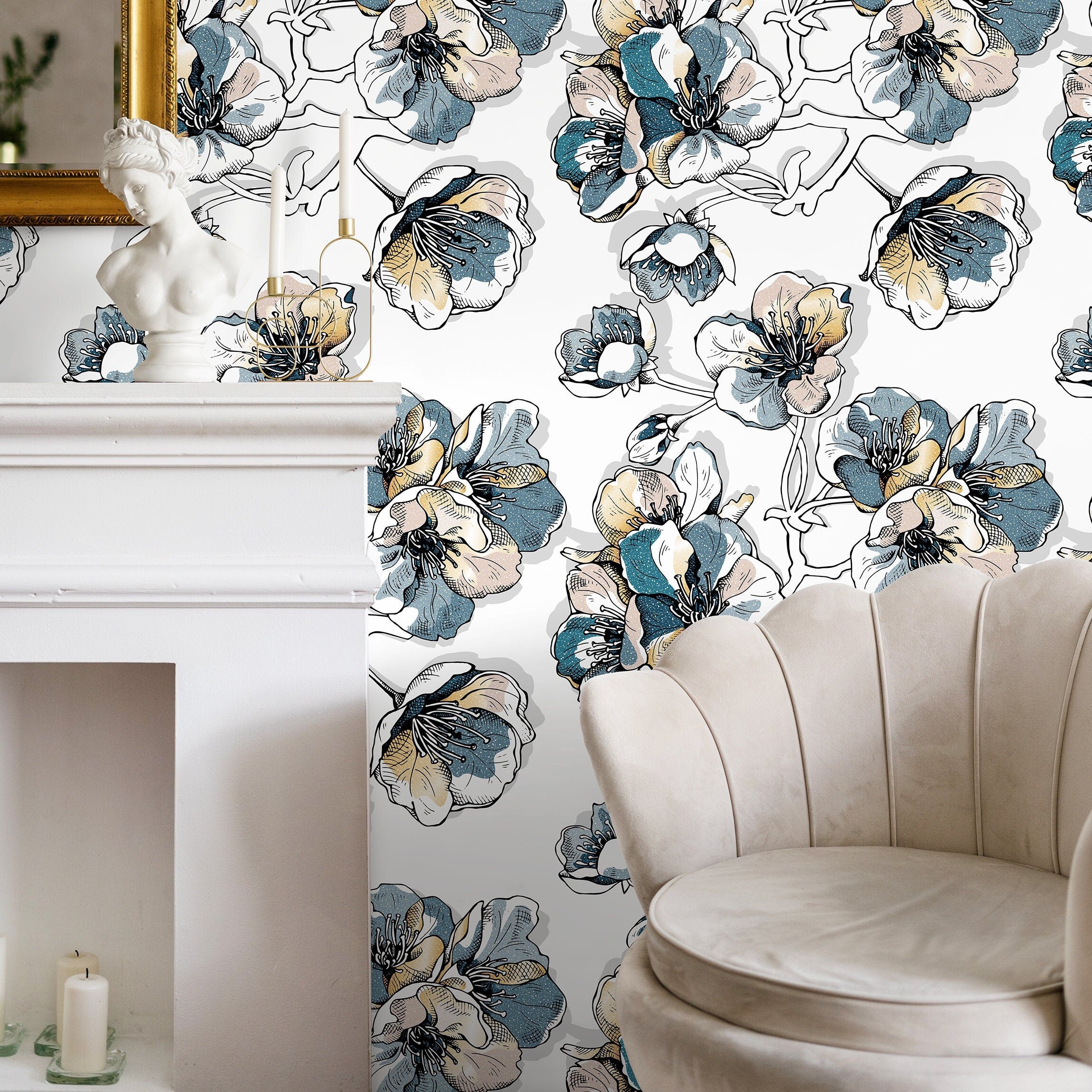 Floral Wallpaper With A Hand-drawn Sketch Motif In Blue, Yellow, And Pink - A488