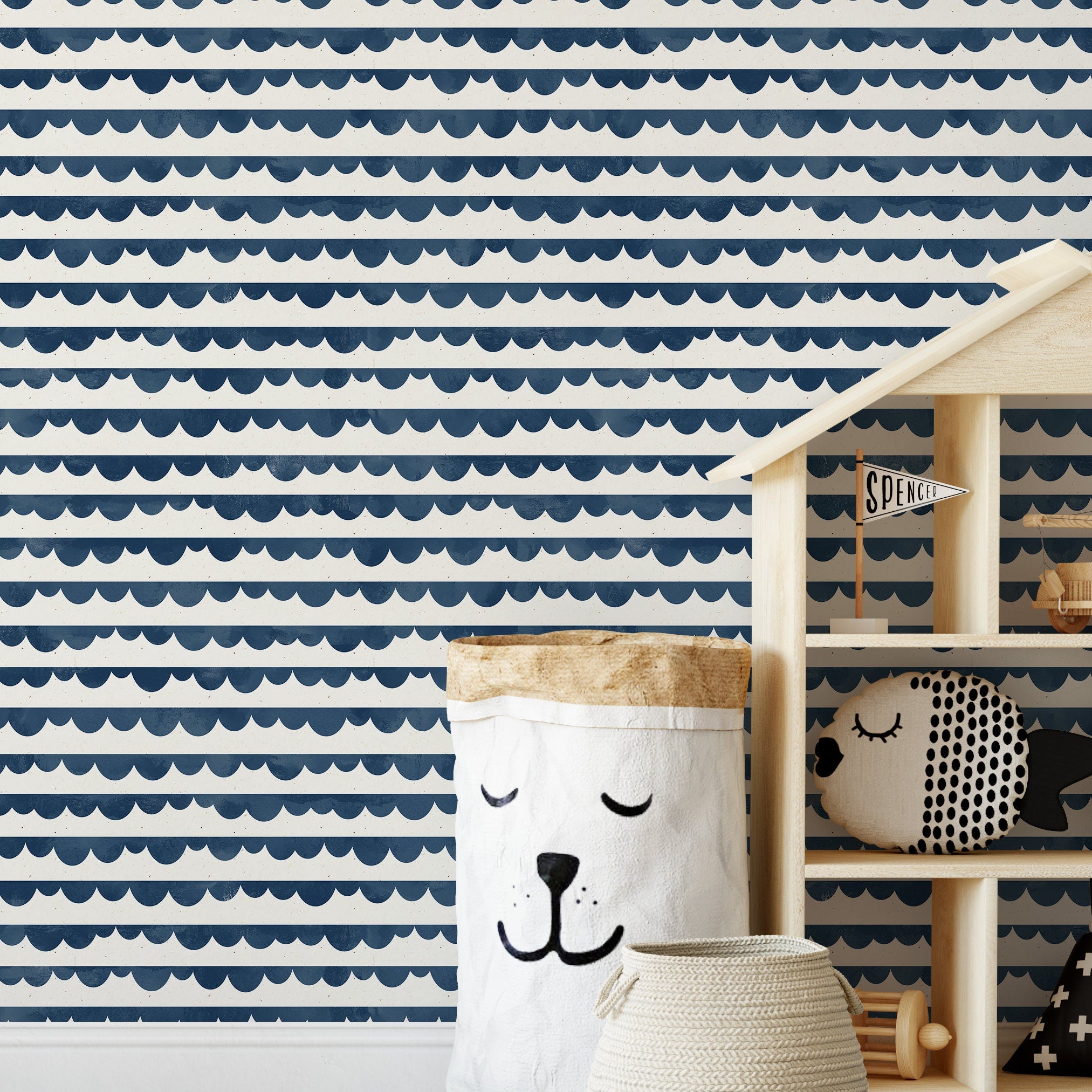 Nautical Wallpaper With A Scalloped Wave Motif In Navy Blue - A493