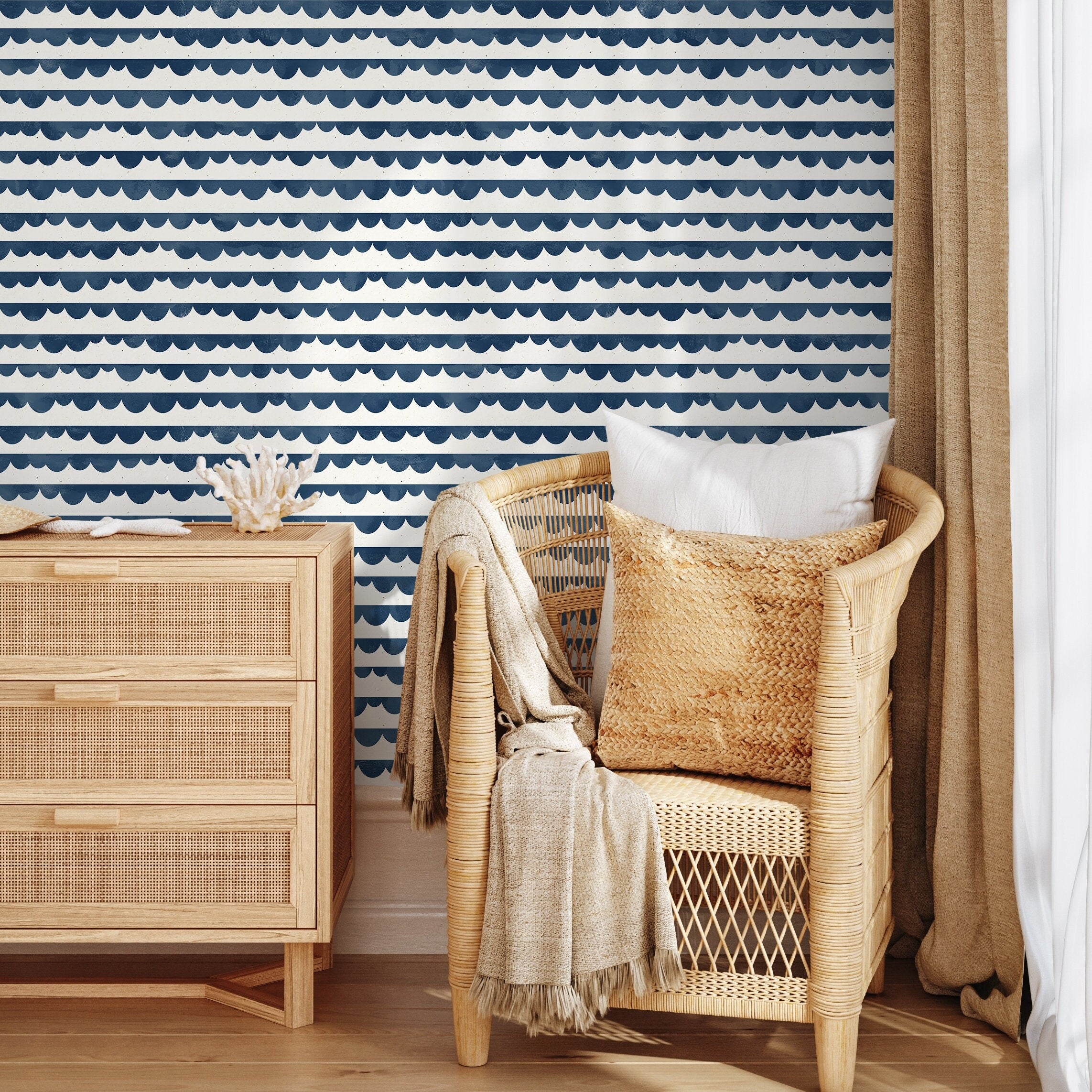Nautical Wallpaper With A Scalloped Wave Motif In Navy Blue - A493