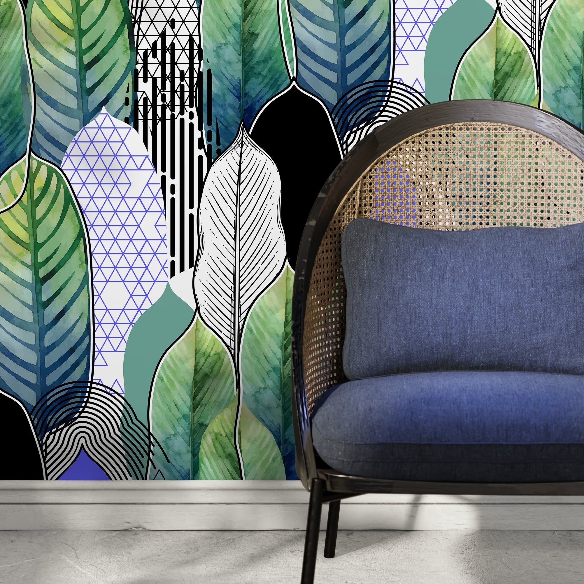 Botanical Wallpaper With Abstract And Geometric Leaves In Green, Blue, And Black - A502
