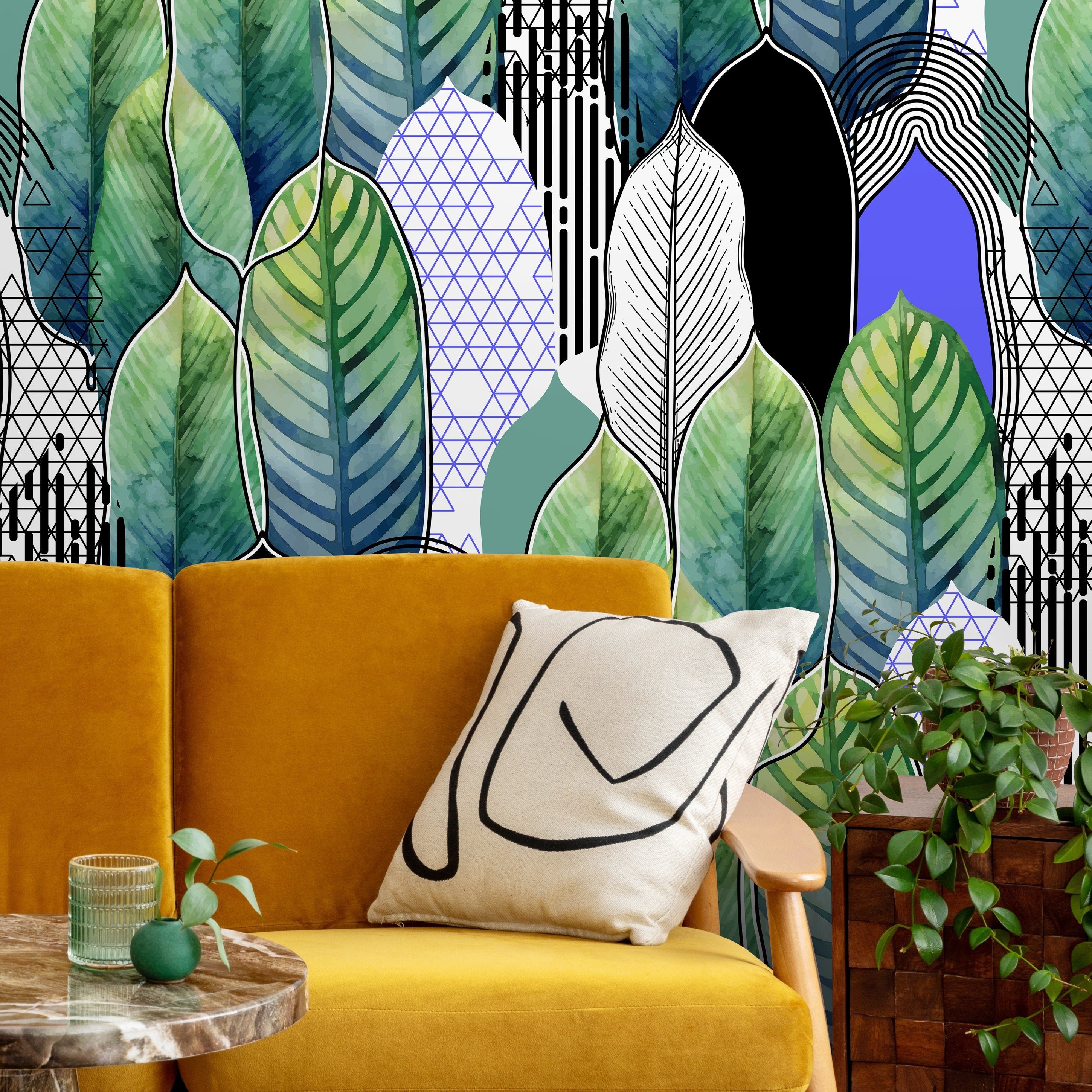 Botanical Wallpaper With Abstract And Geometric Leaves In Green, Blue, And Black - A502