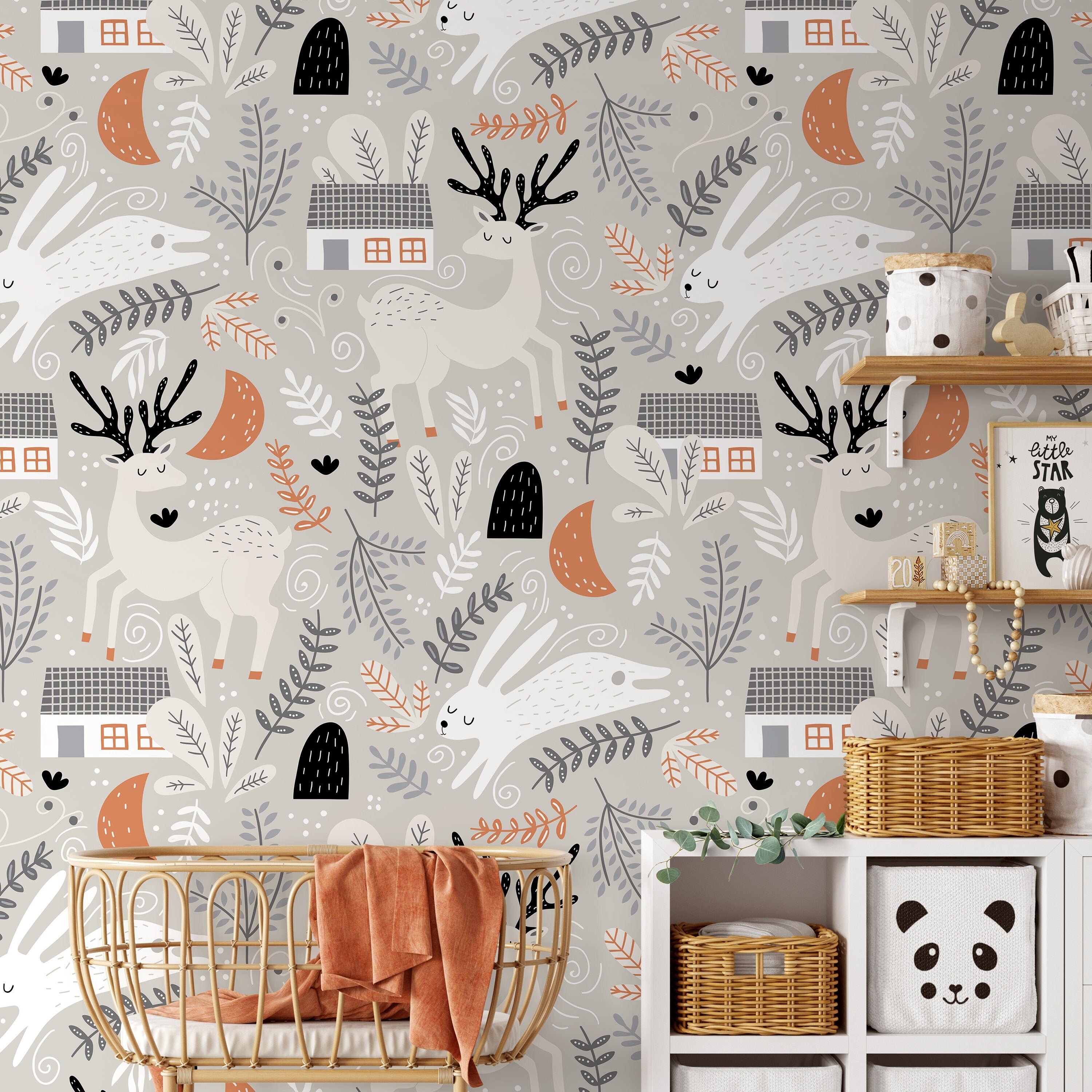 Animal Wallpaper With Deer, Rabbits, And Woodland Homes In Gray, Orange, And Black - A508