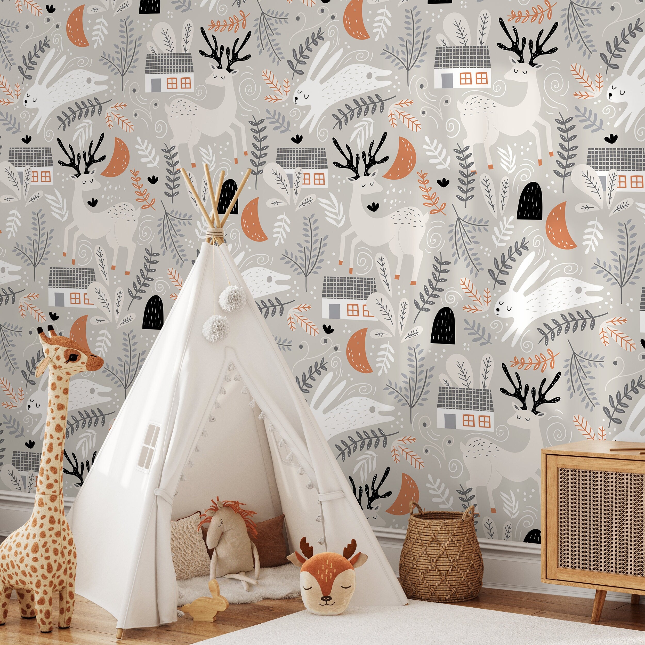 Animal Wallpaper With Deer, Rabbits, And Woodland Homes In Gray, Orange, And Black - A508