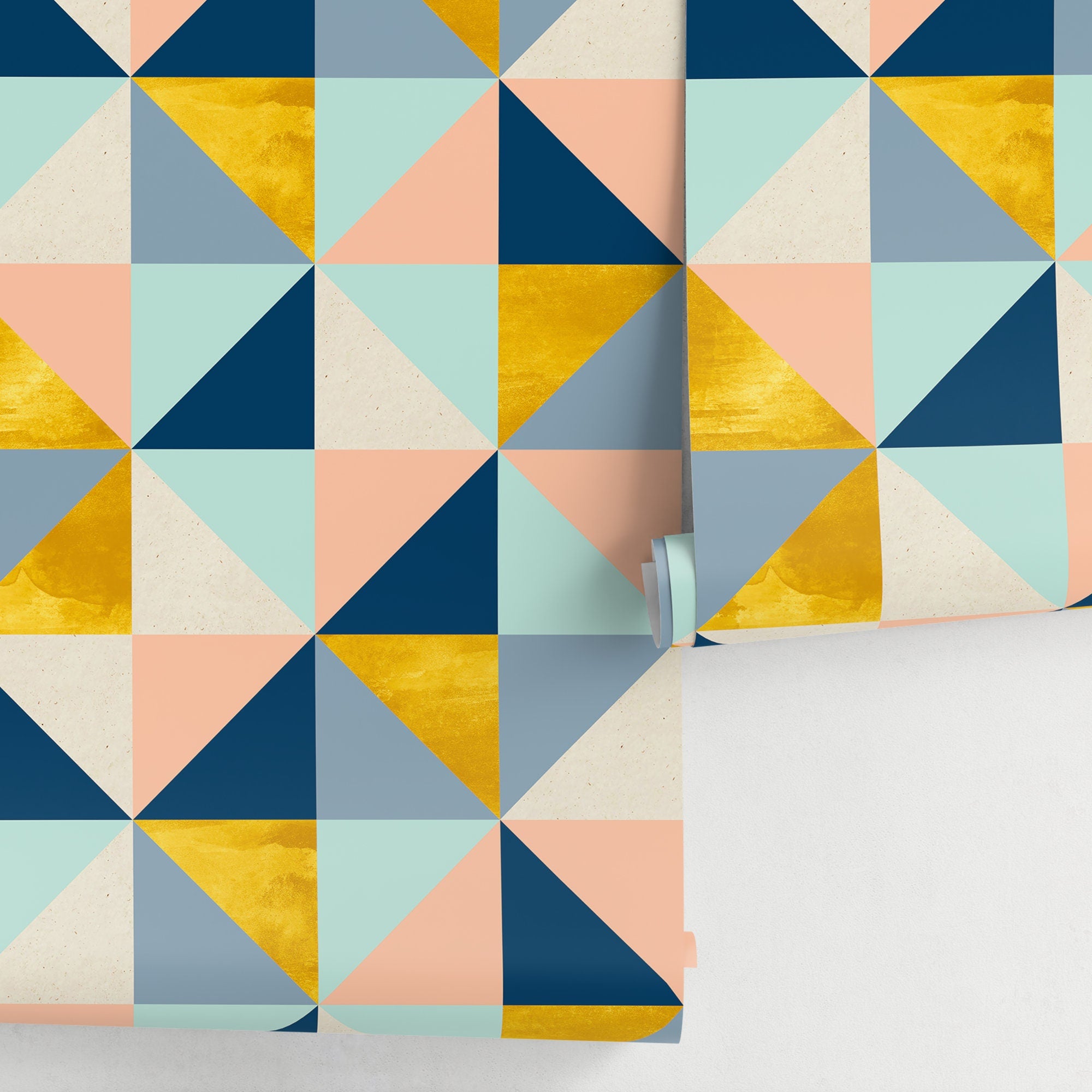 Geometric Wallpaper With A Modern Triangle Motif In Blue, Gold, And Pink - A510