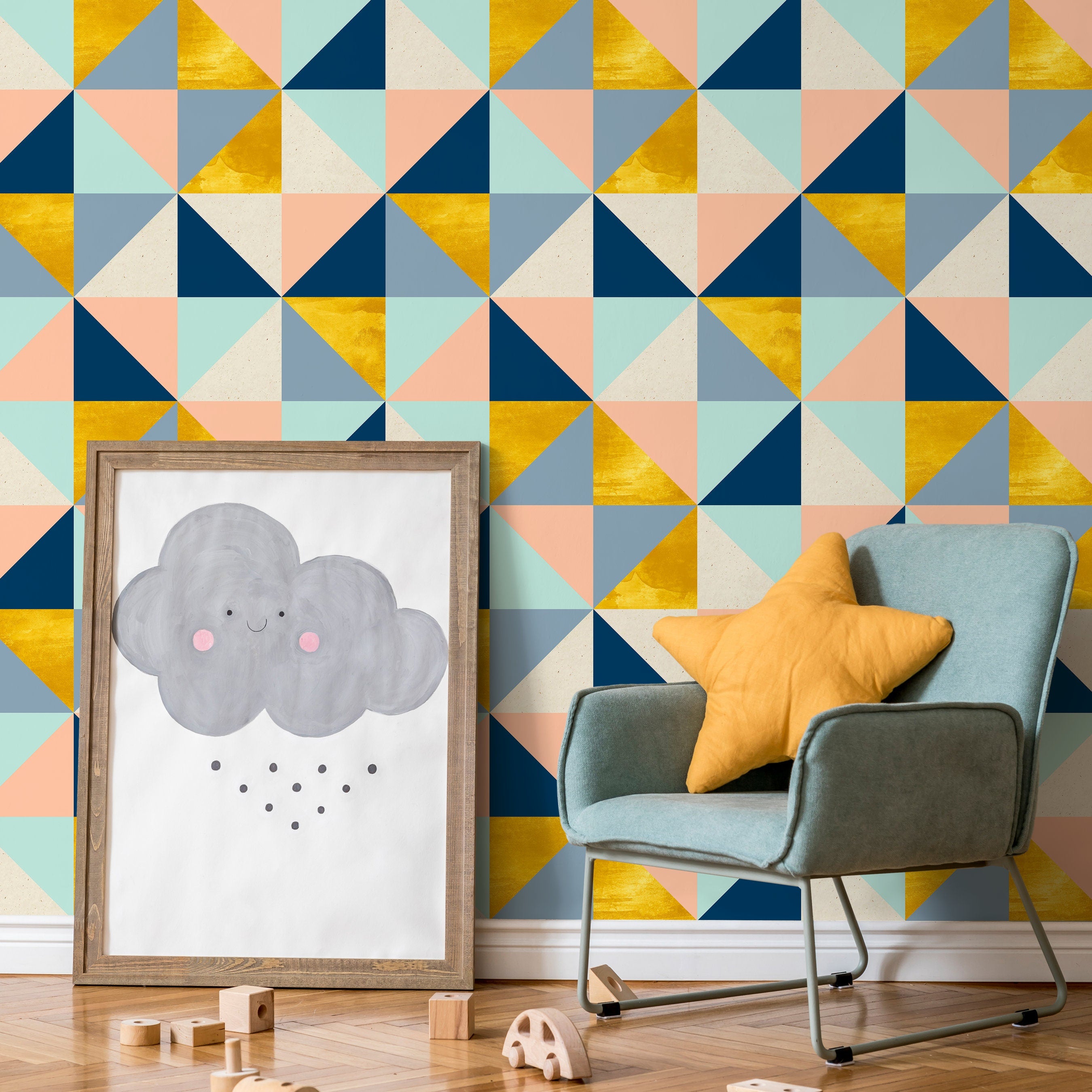 Geometric Wallpaper With A Modern Triangle Motif In Blue, Gold, And Pink - A510