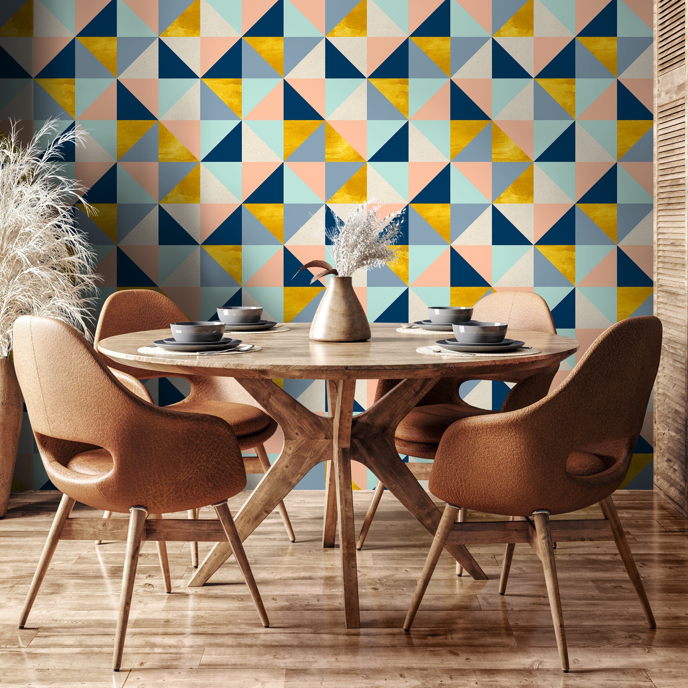 Geometric Wallpaper With A Modern Triangle Motif In Blue, Gold, And Pink - A510