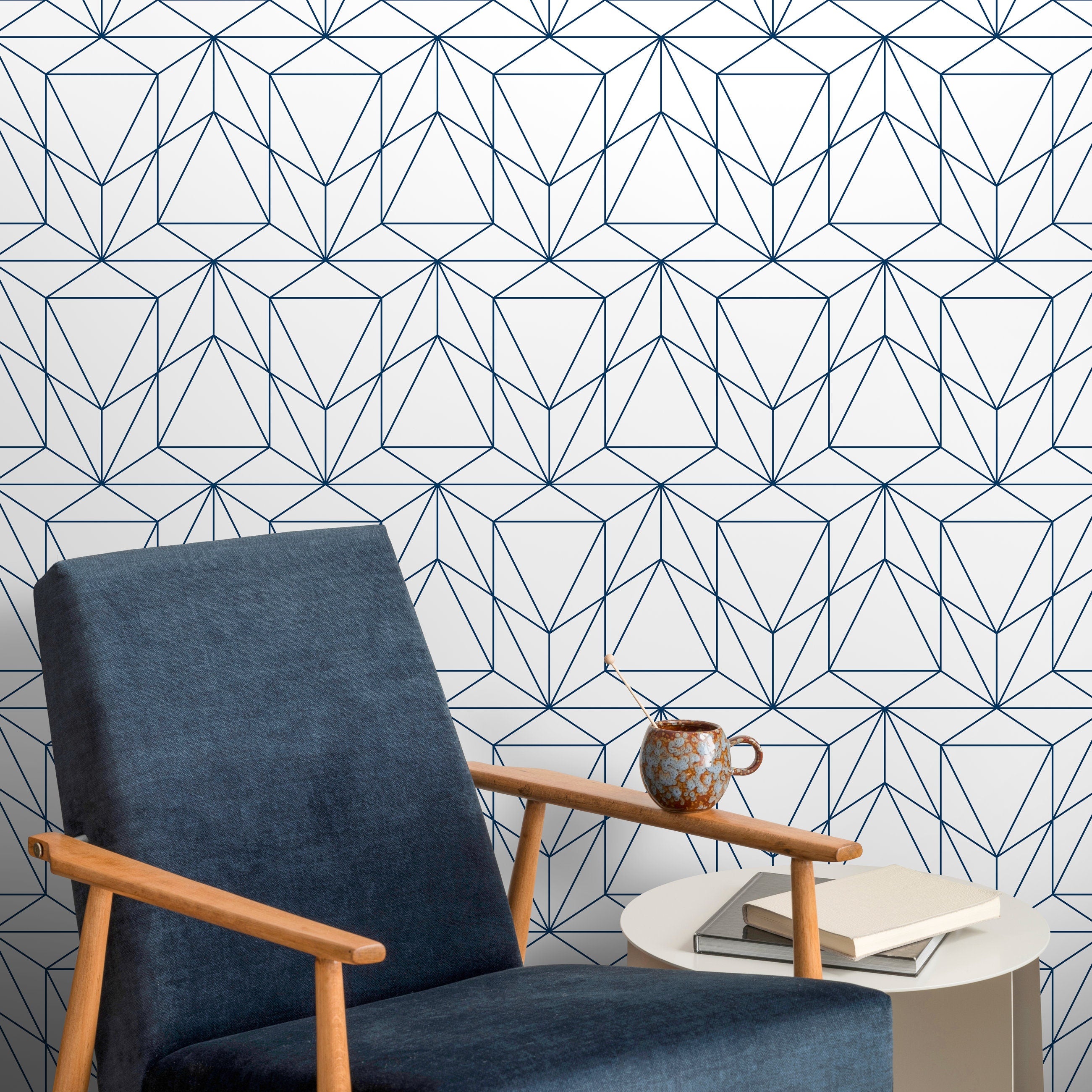 Geometric Wallpaper With A Prismatic Line Motif In Navy Blue - A511
