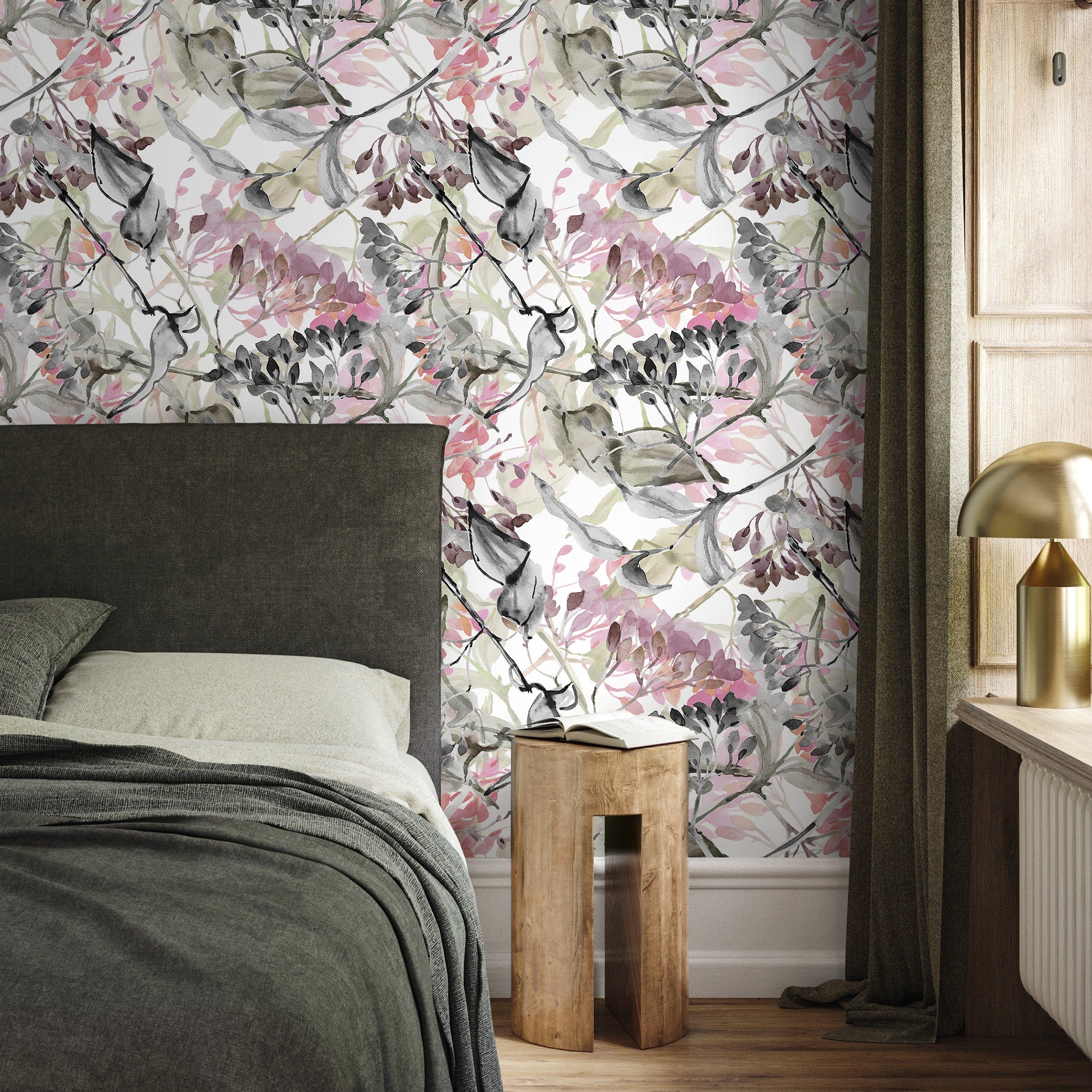 Botanical Wallpaper With An Abstract Watercolor Branch Motif In Pink, Black, And Green - A517