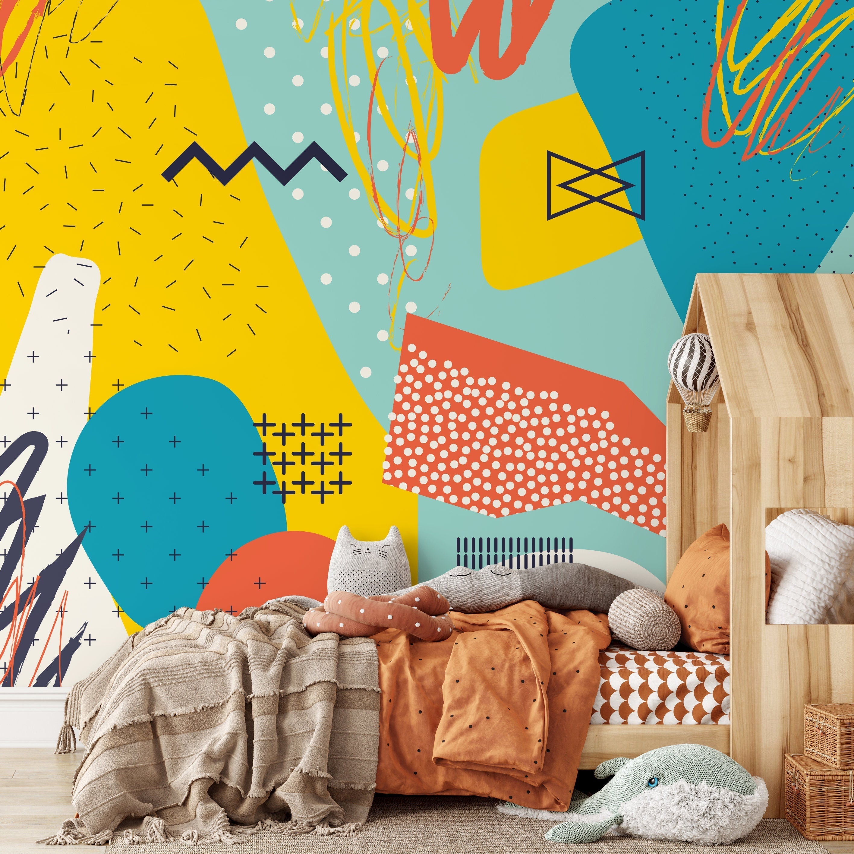 Abstract Wallpaper With Pop Art Motifs In Yellow, Teal, And Orange - A518