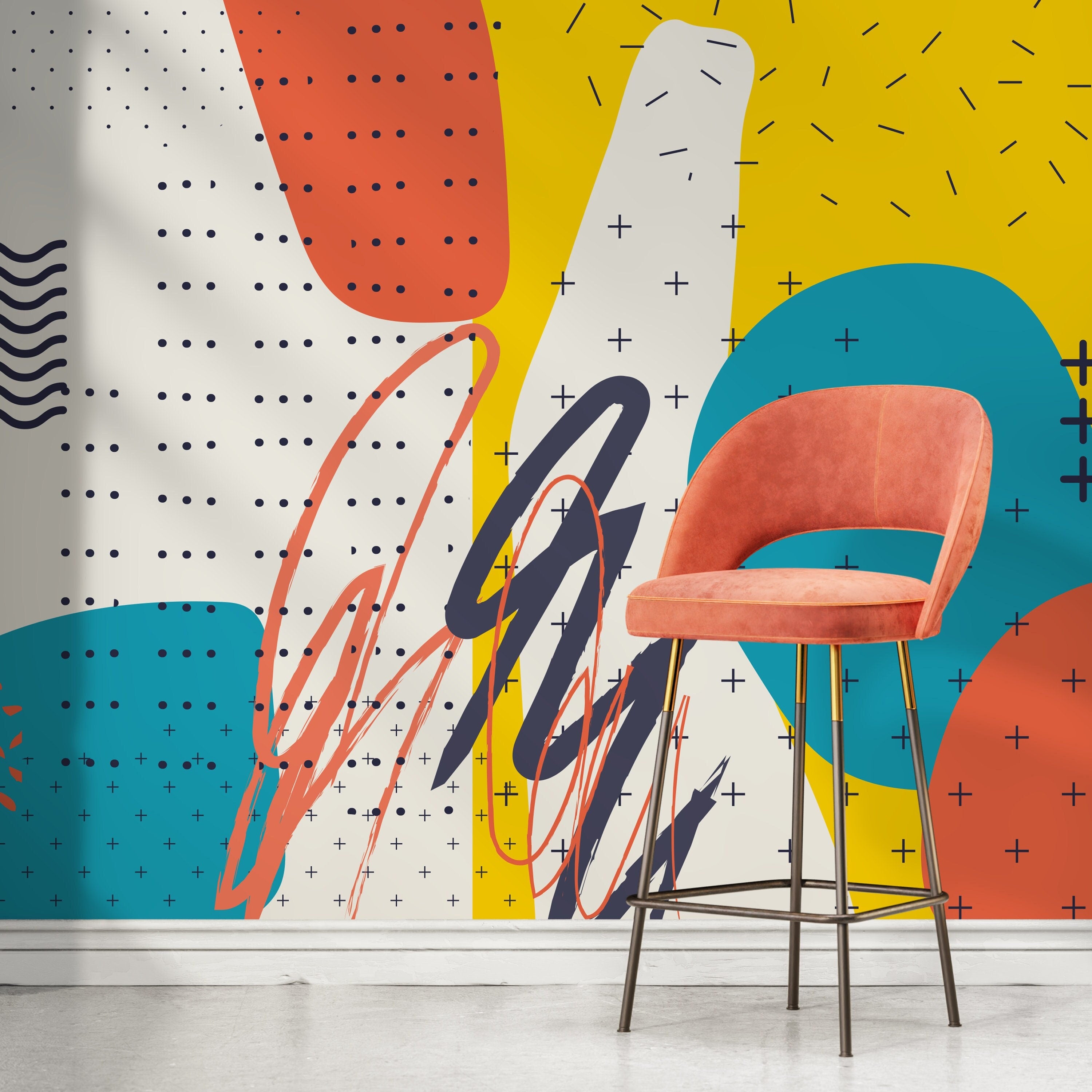 Abstract Wallpaper With Pop Art Motifs In Yellow, Teal, And Orange - A518