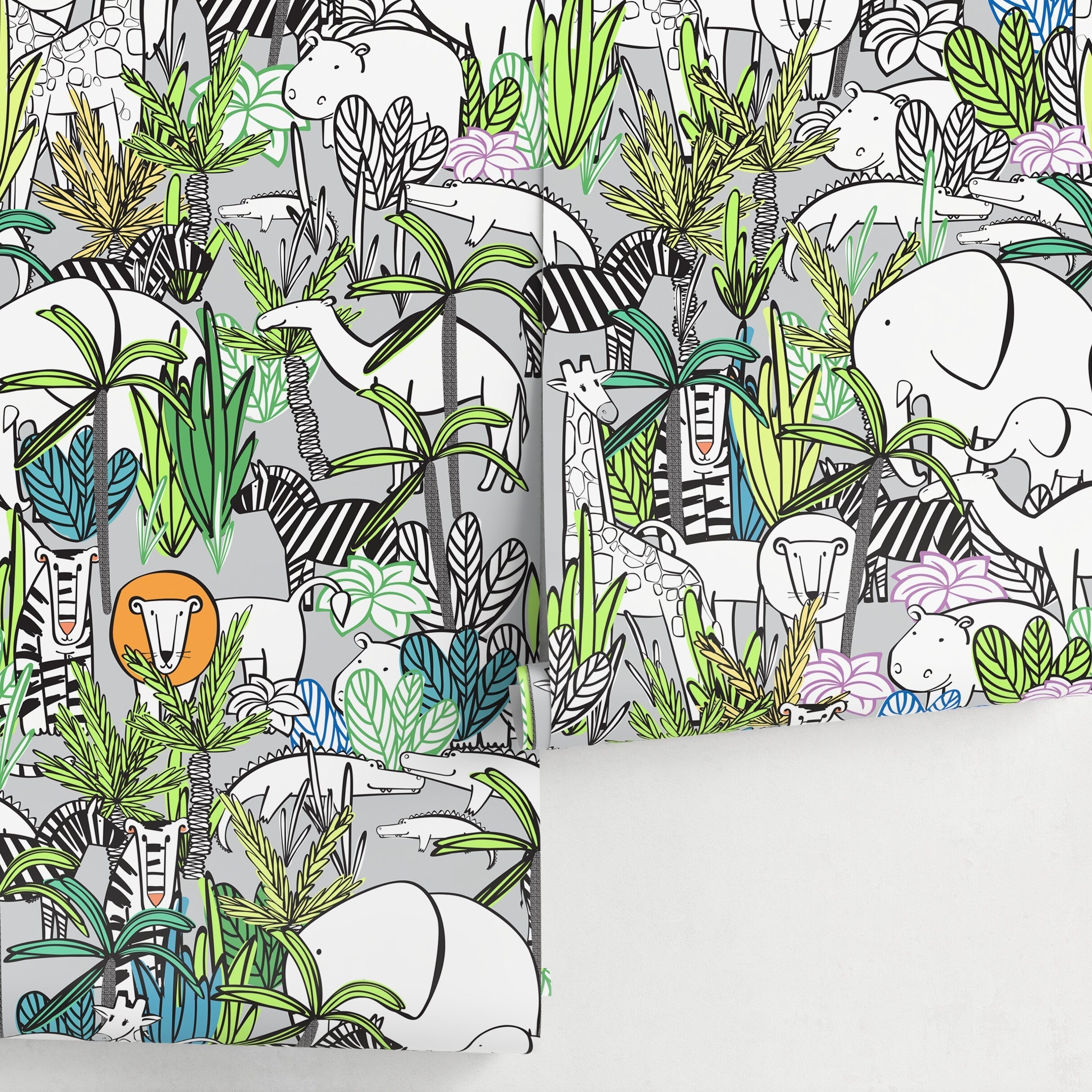 Jungle Wallpaper Featuring Illustrated Safari Animals In Green And Gray - A525