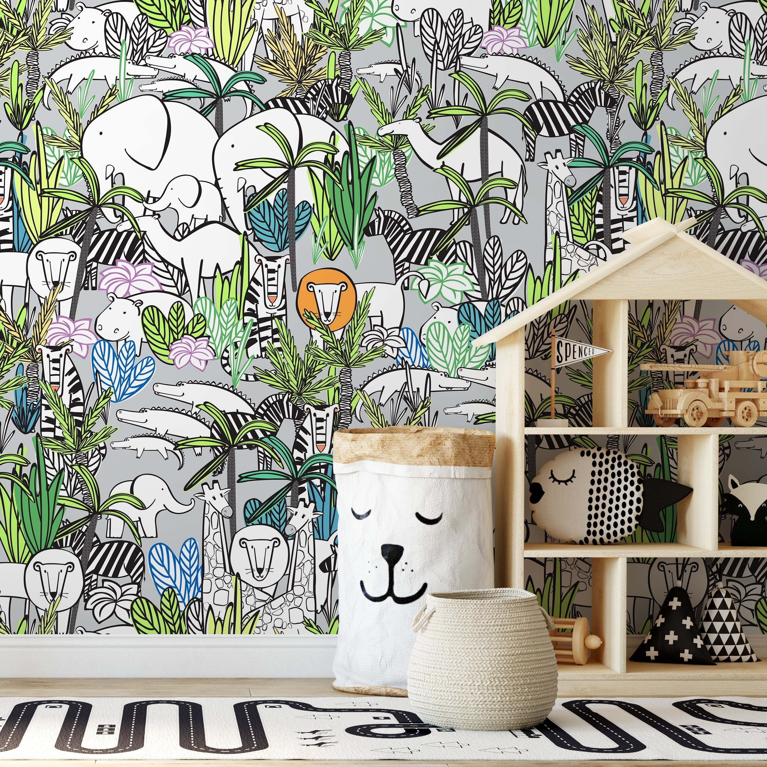 Jungle Wallpaper Featuring Illustrated Safari Animals In Green And Gray - A525
