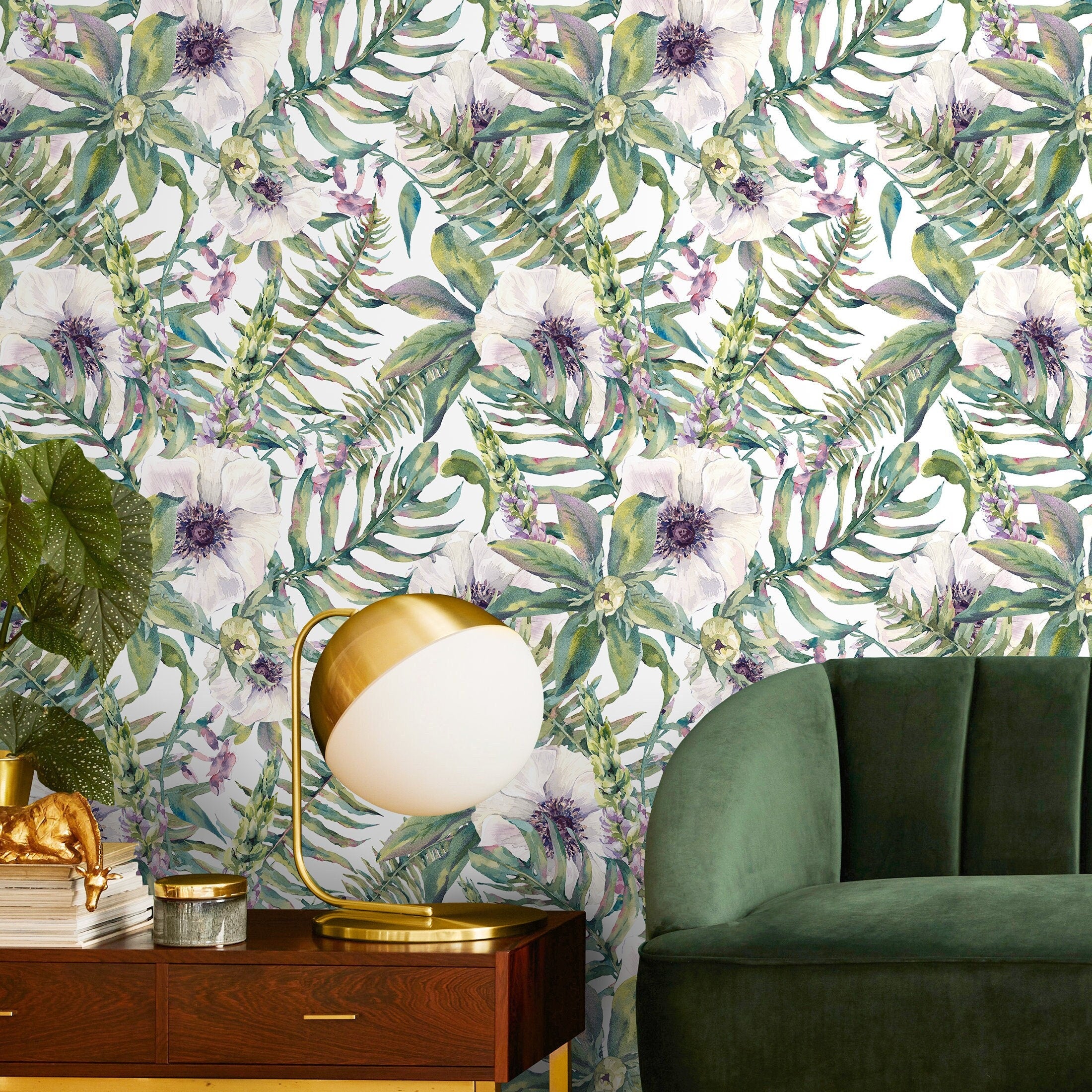 Botanical Wallpaper With Watercolor Anemones In Green And Purple - A529