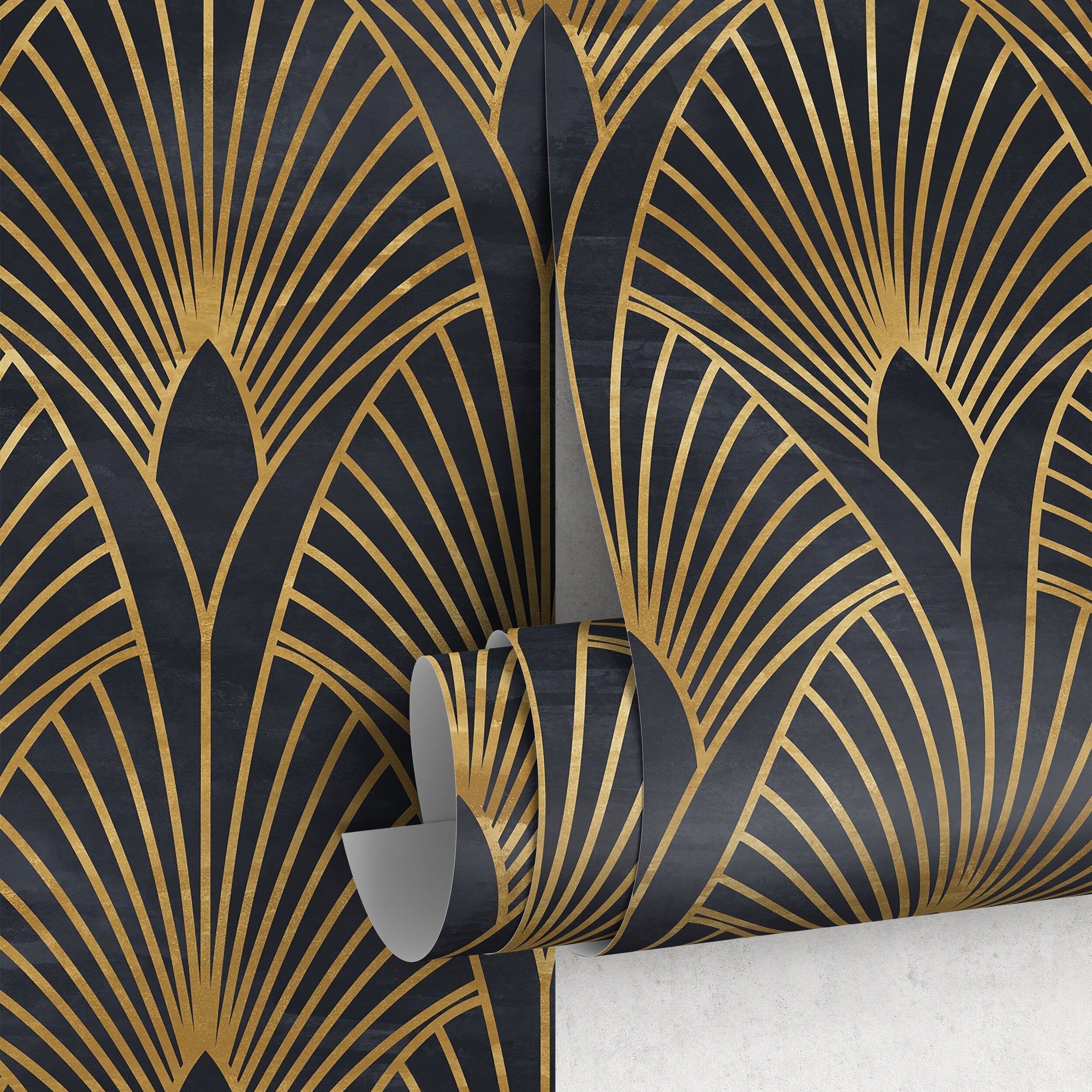 Art Deco Wallpaper With A Geometric Fan Motif In Black And Gold - A537