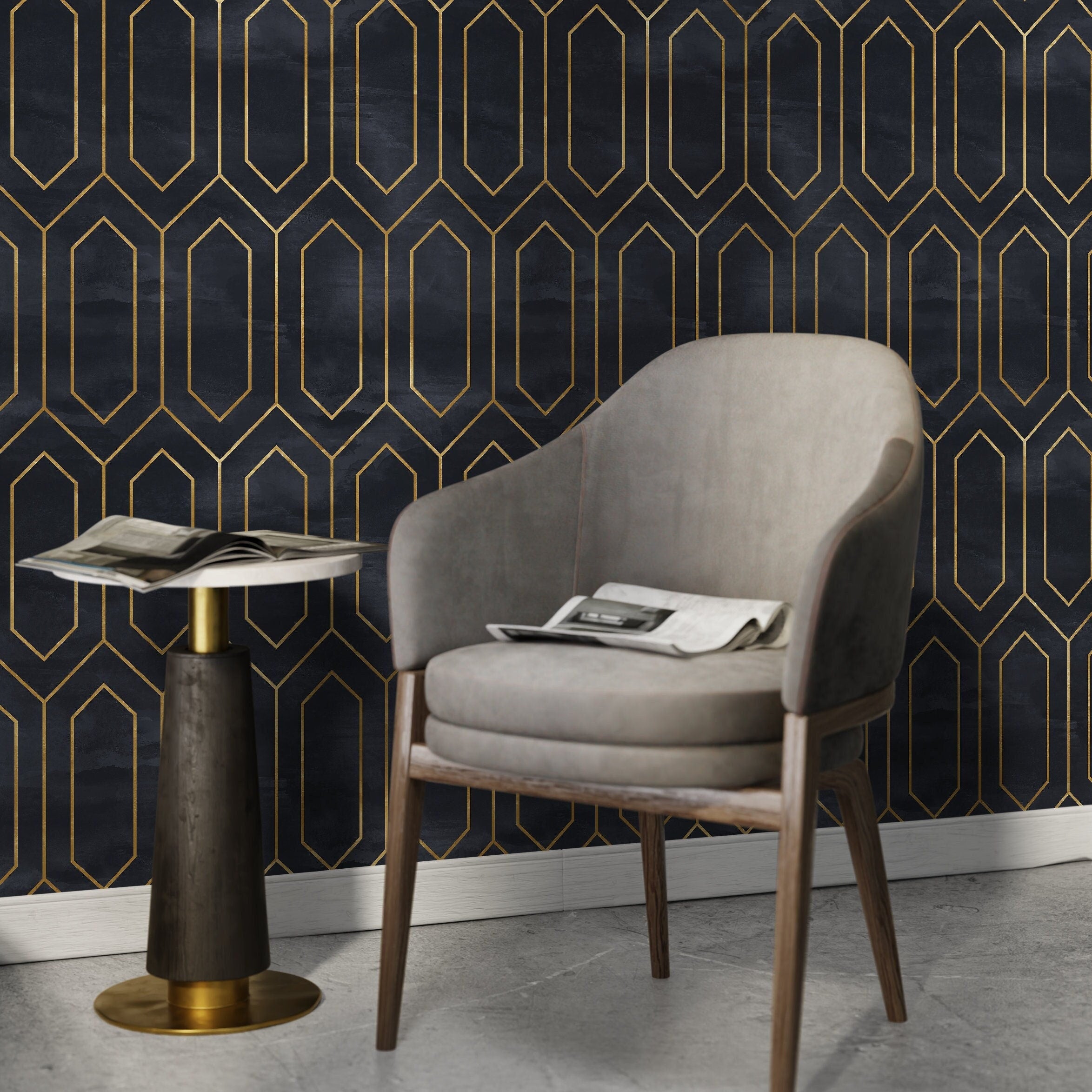 Art Deco Wallpaper With A Geometric Honeycomb Motif In Black And Gold - A539