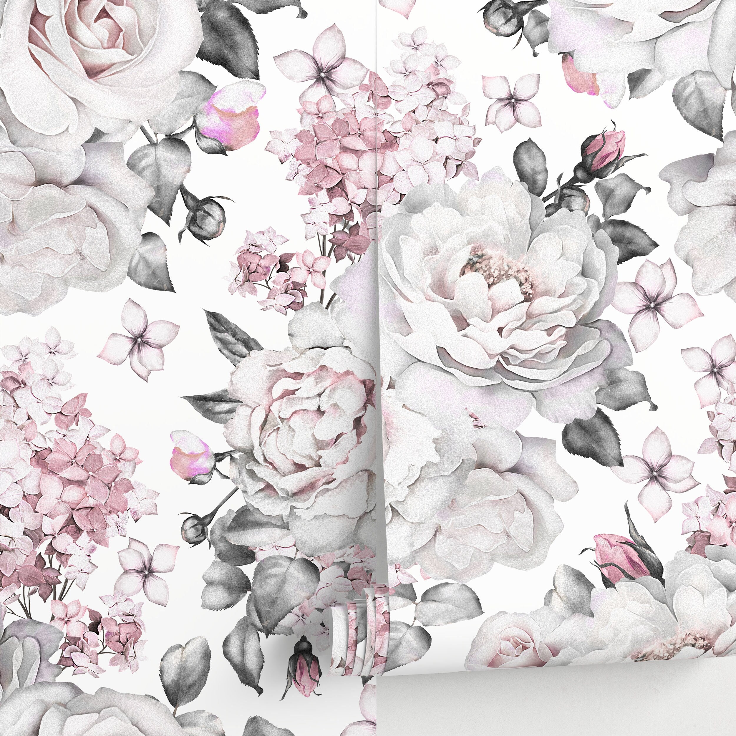 Floral Wallpaper Featuring Vintage Roses And Hydrangeas In Pink And Grey - A547